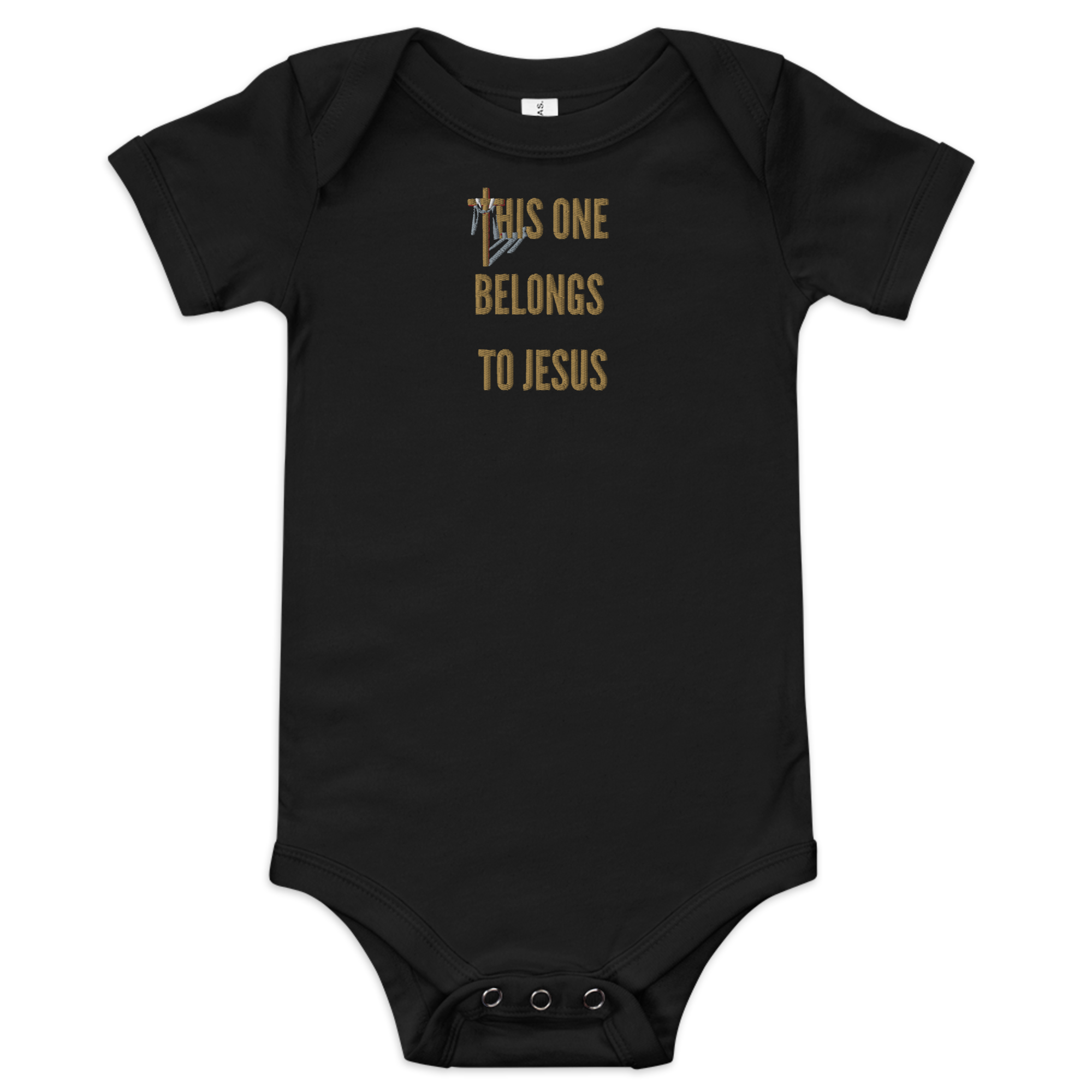 Black Onesie with embroidered Christian Message. Gentle, faith-inspired clothes for God’s little blessings.