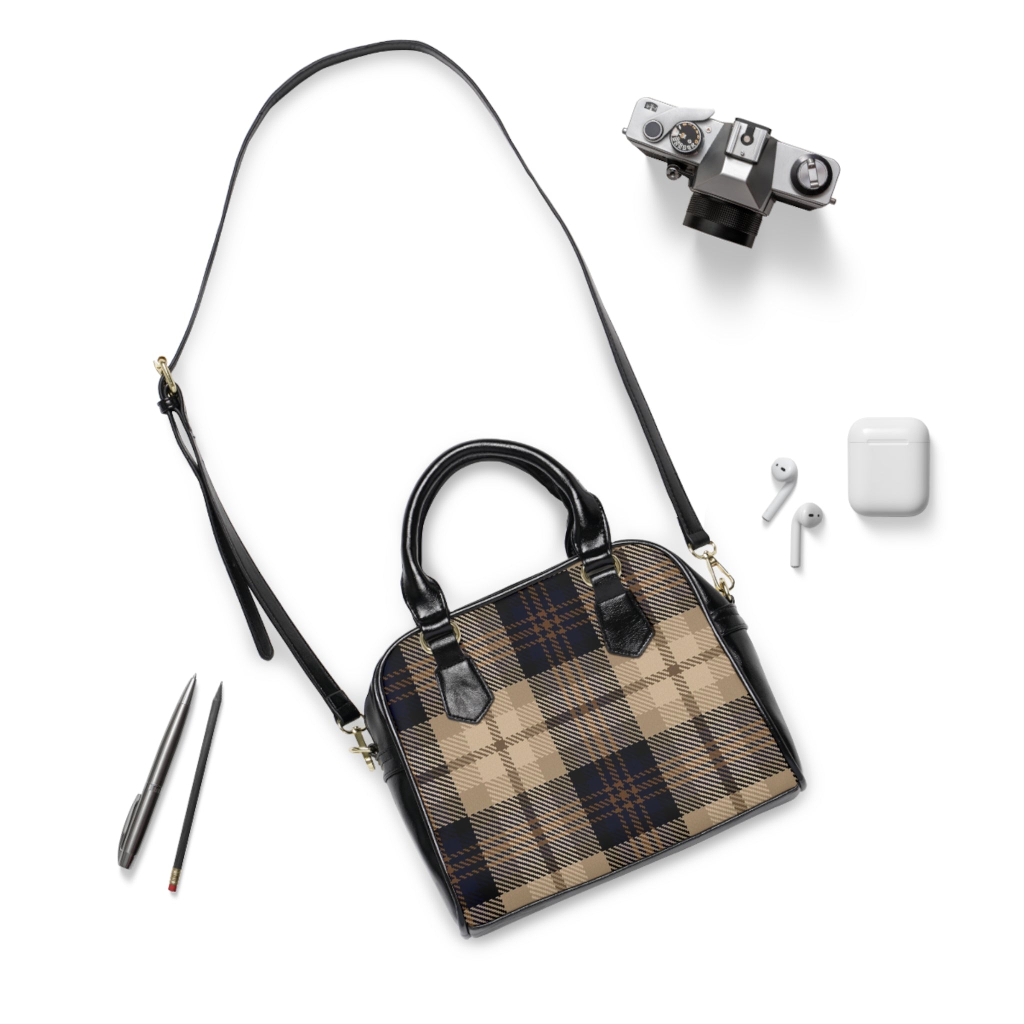 Plaid Shoulder Handbag — Classic Beige & Navy Tote Purse