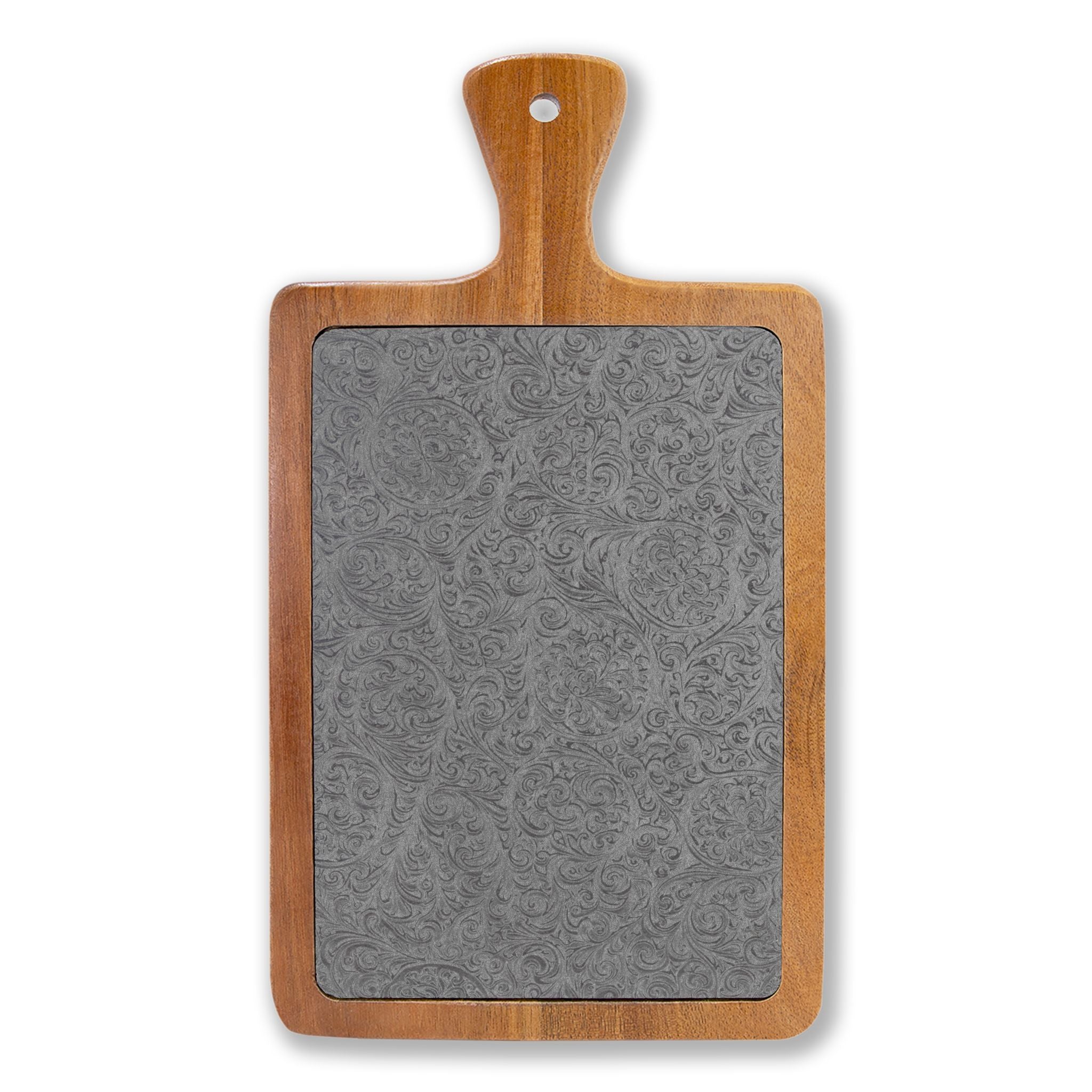 Floral Engraved Acacia Charcuterie Board with Slate Insert & Cheese Knives