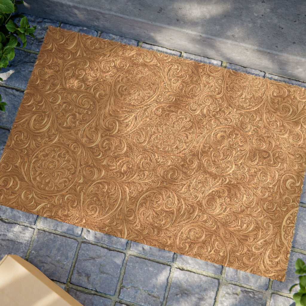 Floral Coir Scrollwork Doormat — Durable Natural-Fiber Welcome Mat