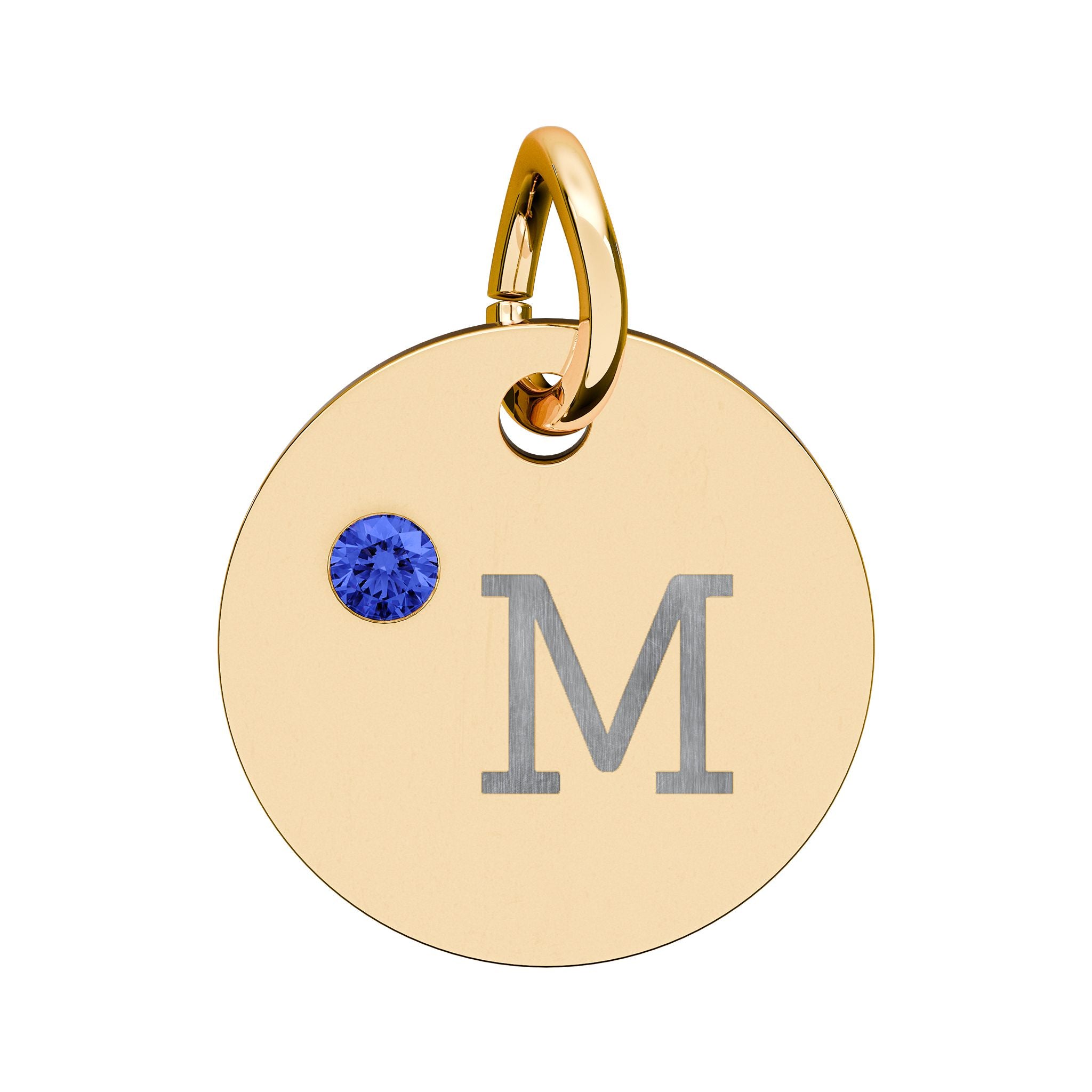 Engraved Birthstone Circle Charm — "M" Pendant