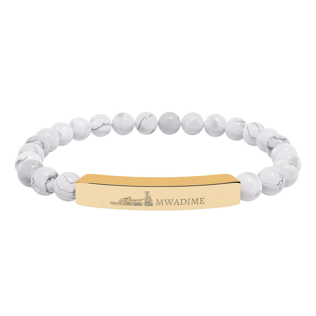 Engraved Natural Stone Bead Bar Bracelet — Personalized Stretch Bracelet