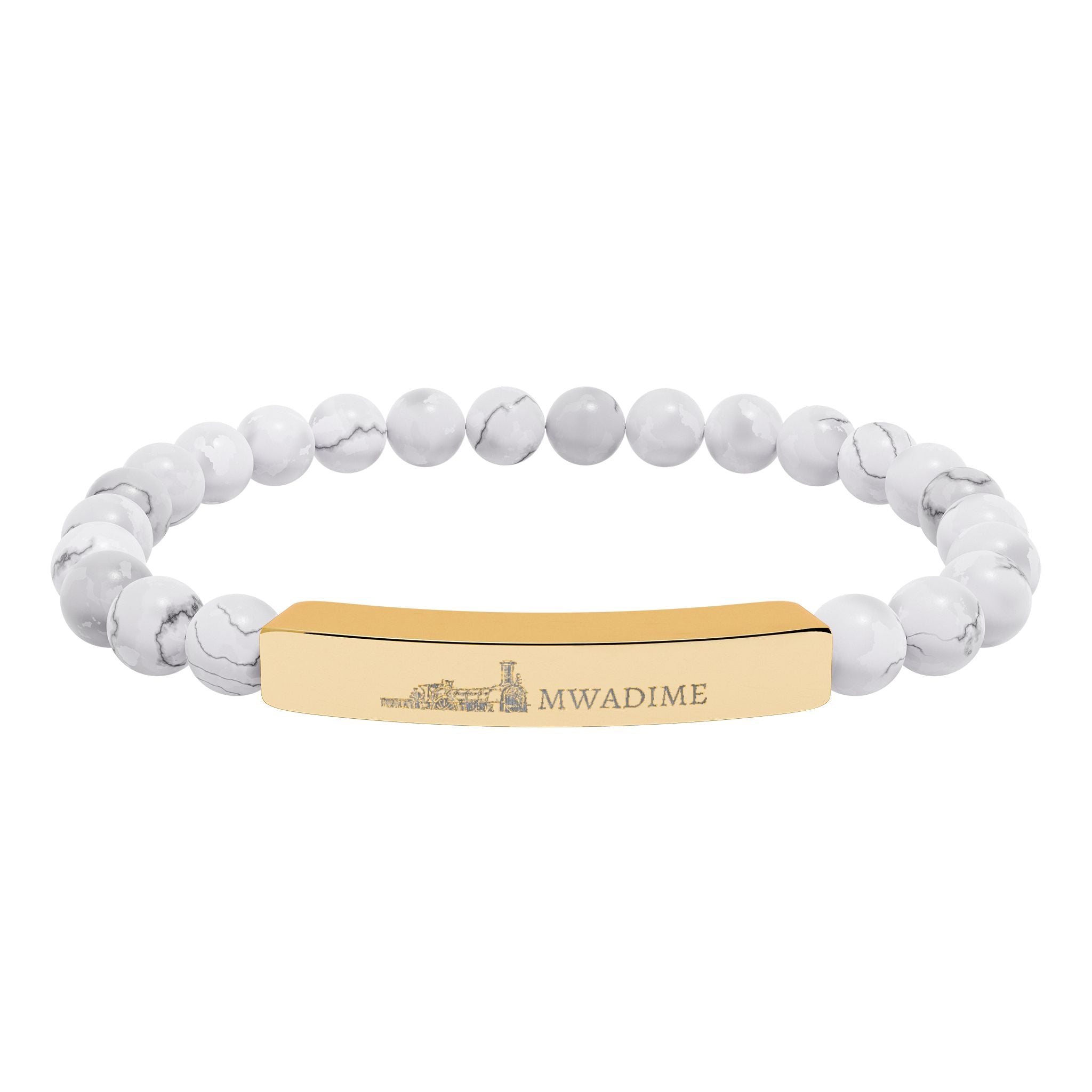 Engraved Natural Stone Bead Bar Bracelet — Personalized Stretch Bracelet