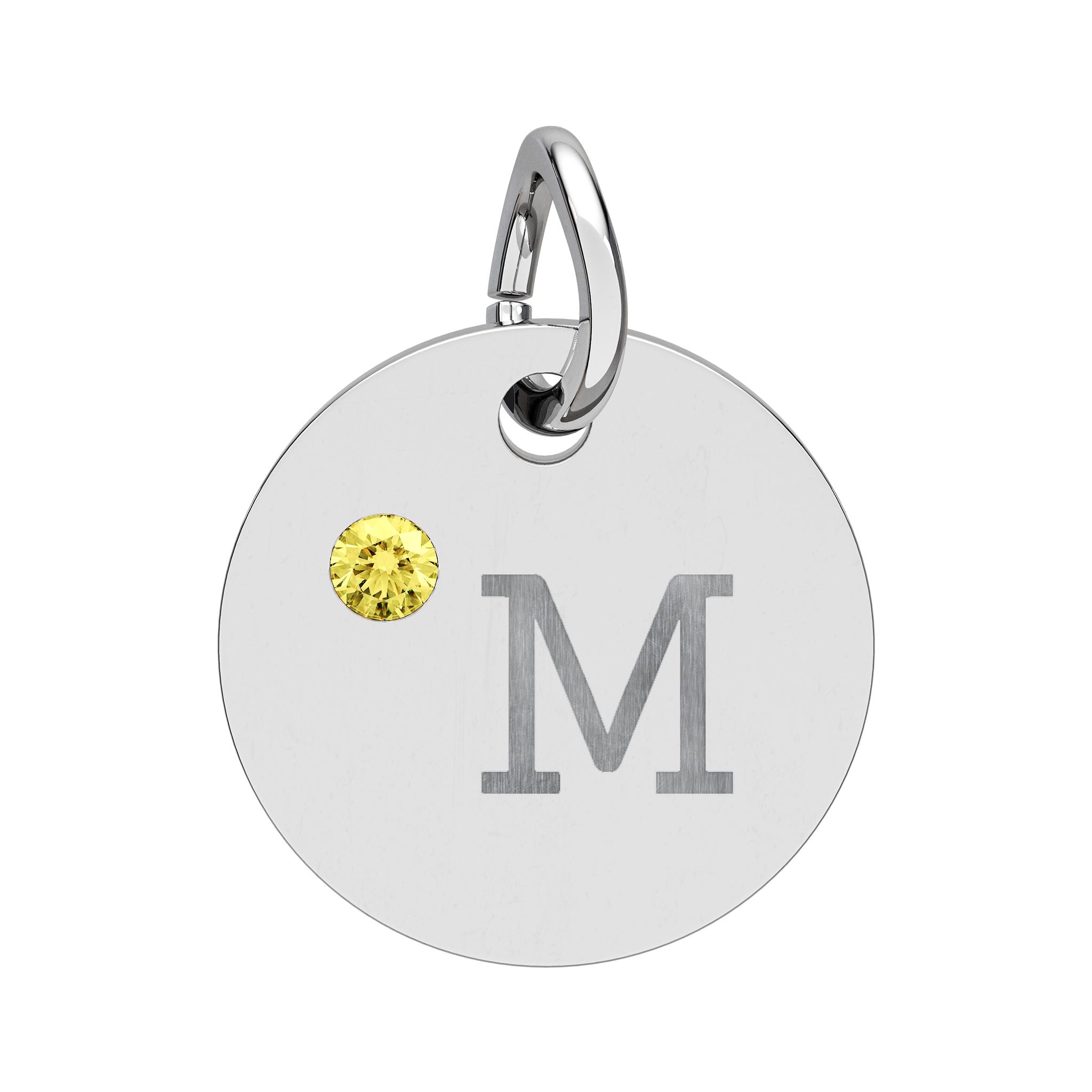 Engraved Birthstone Circle Charm — "M" Pendant
