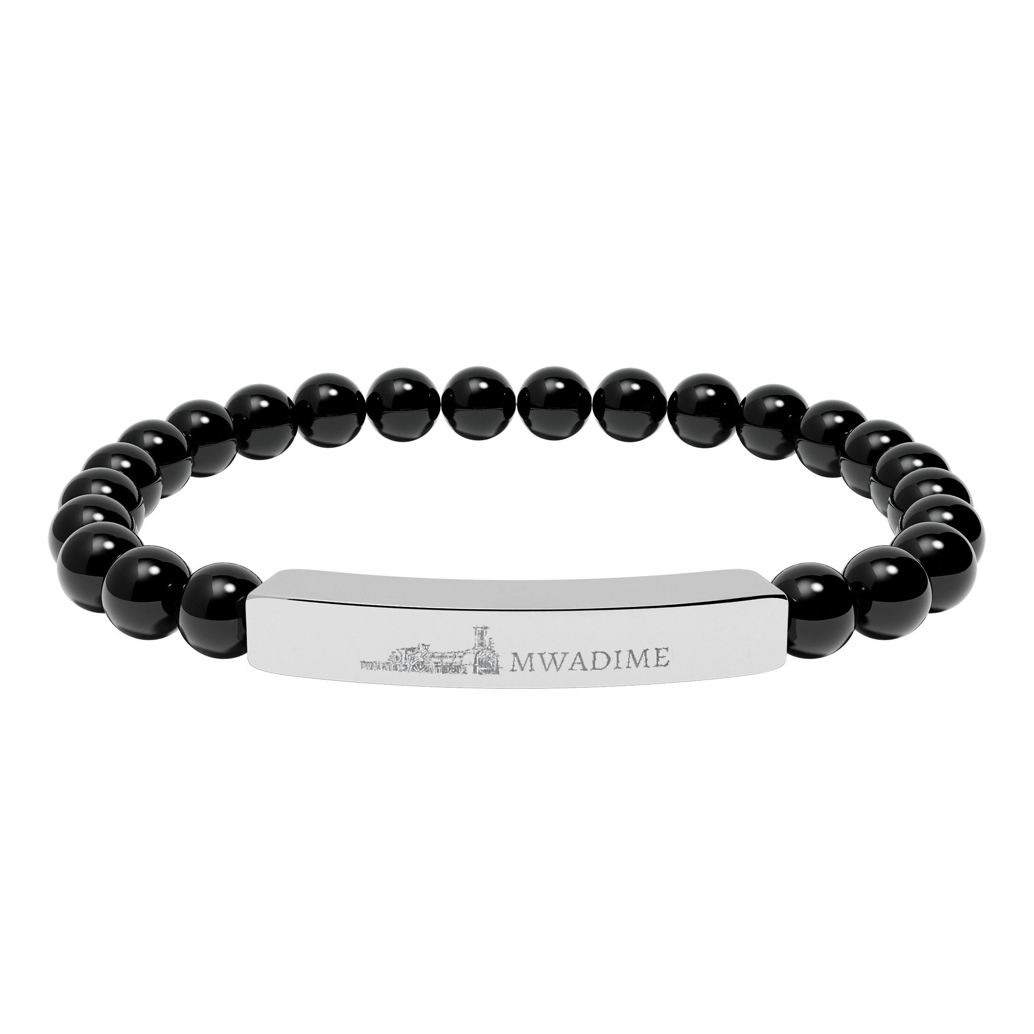 Engraved Natural Stone Bead Bar Bracelet — Personalized Stretch Bracelet