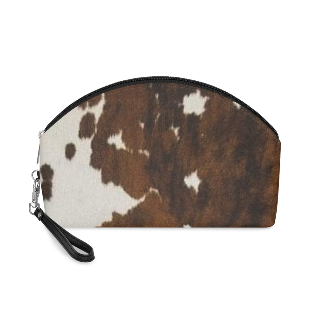 Cowhide Print Makeup Bag — Brown & White Cosmetic Pouch with Wrist Strap