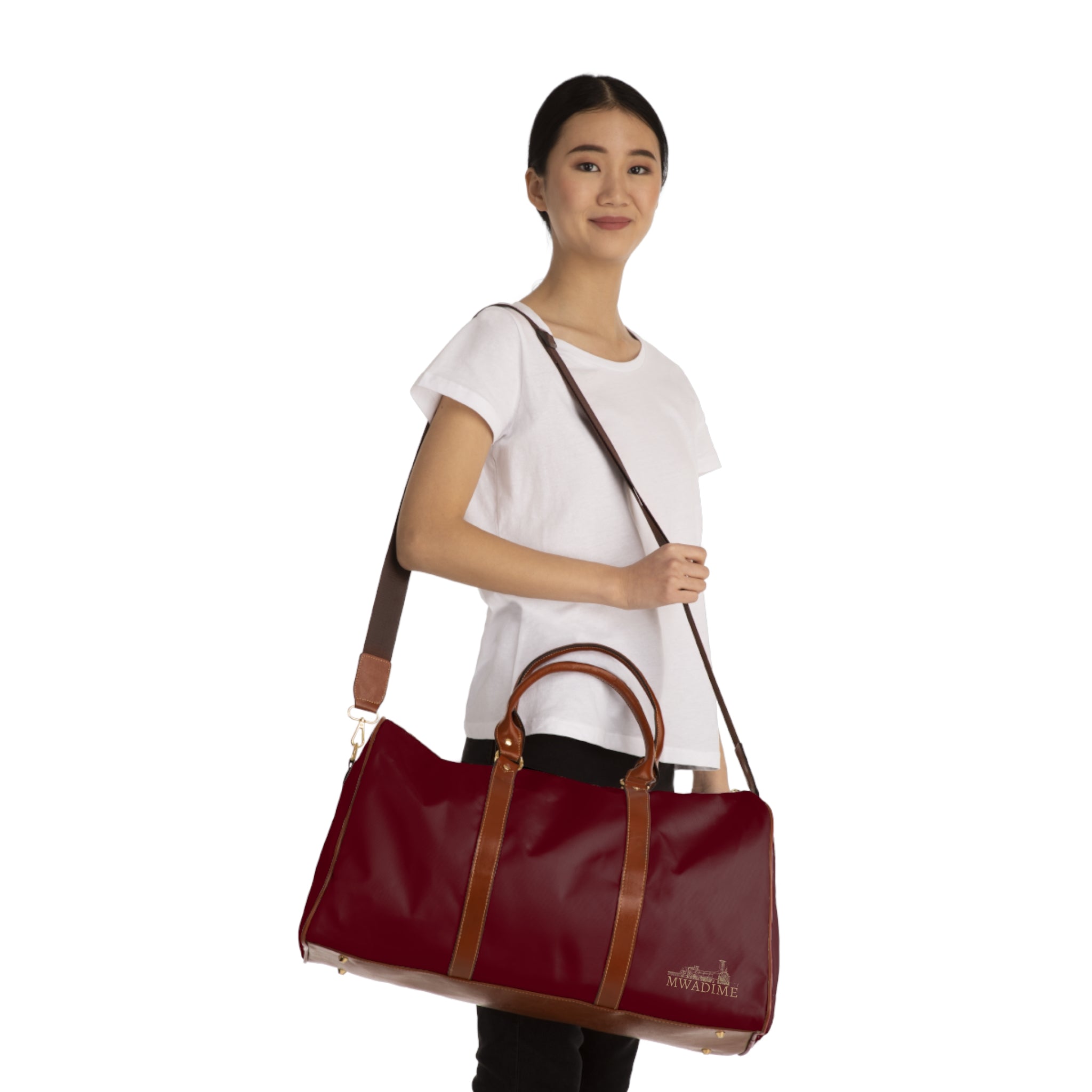 Waterproof Travel Bag — Burgundy Weekender Duffle with Leather Trim