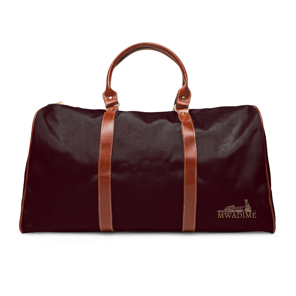 Burgundy Travel Duffel Bag – Waterproof Weekender with Leather Handles (Mwadime Logo)