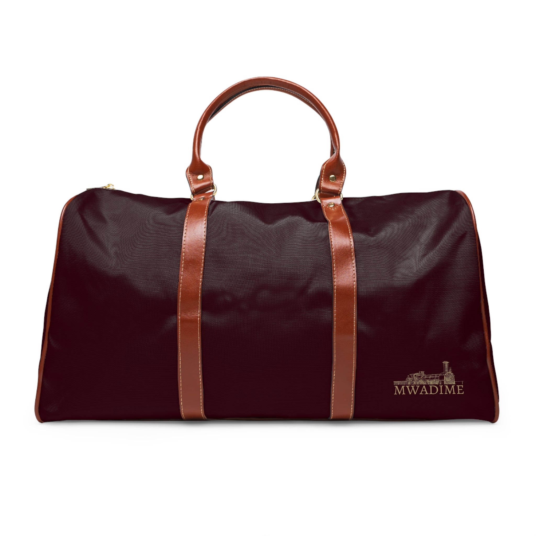 Burgundy Travel Duffel Bag – Waterproof Weekender with Leather Handles (Mwadime Logo)