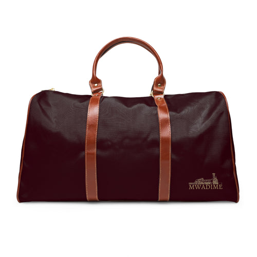 Burgundy Travel Duffel Bag – Waterproof Weekender with Leather Handles (Mwadime Logo)