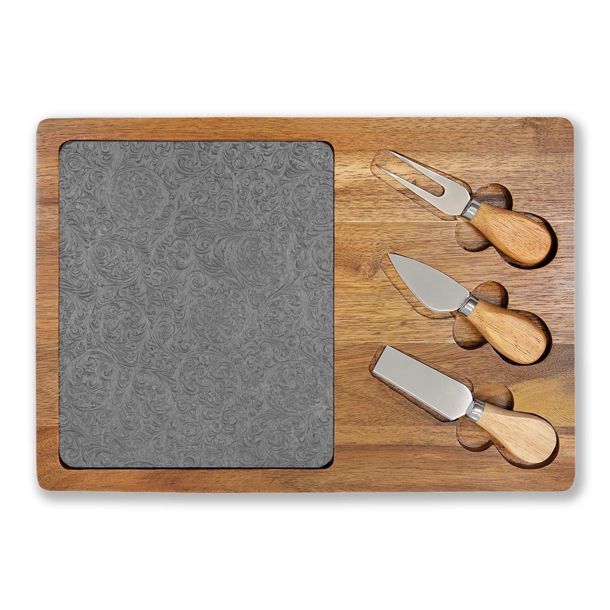 Floral Engraved Acacia Charcuterie Board with Slate Insert & Cheese Knives
