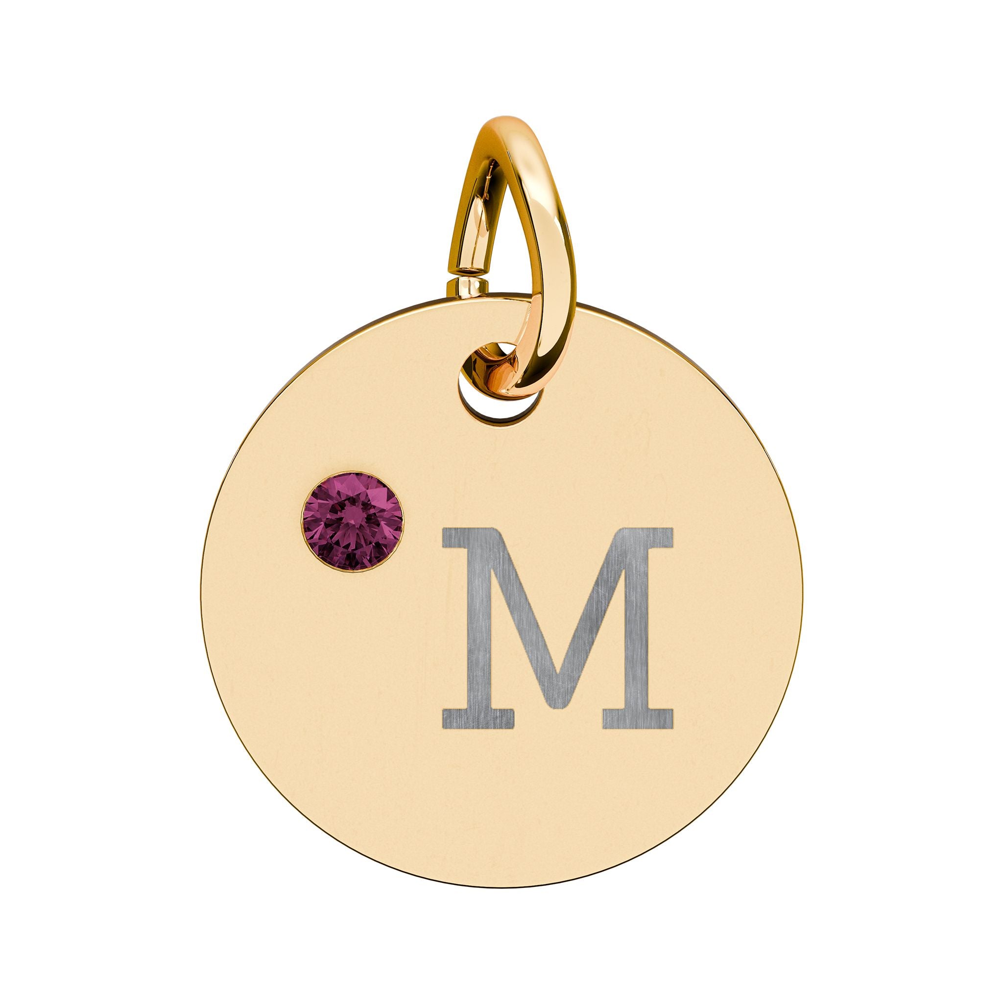 Engraved Birthstone Circle Charm — "M" Pendant