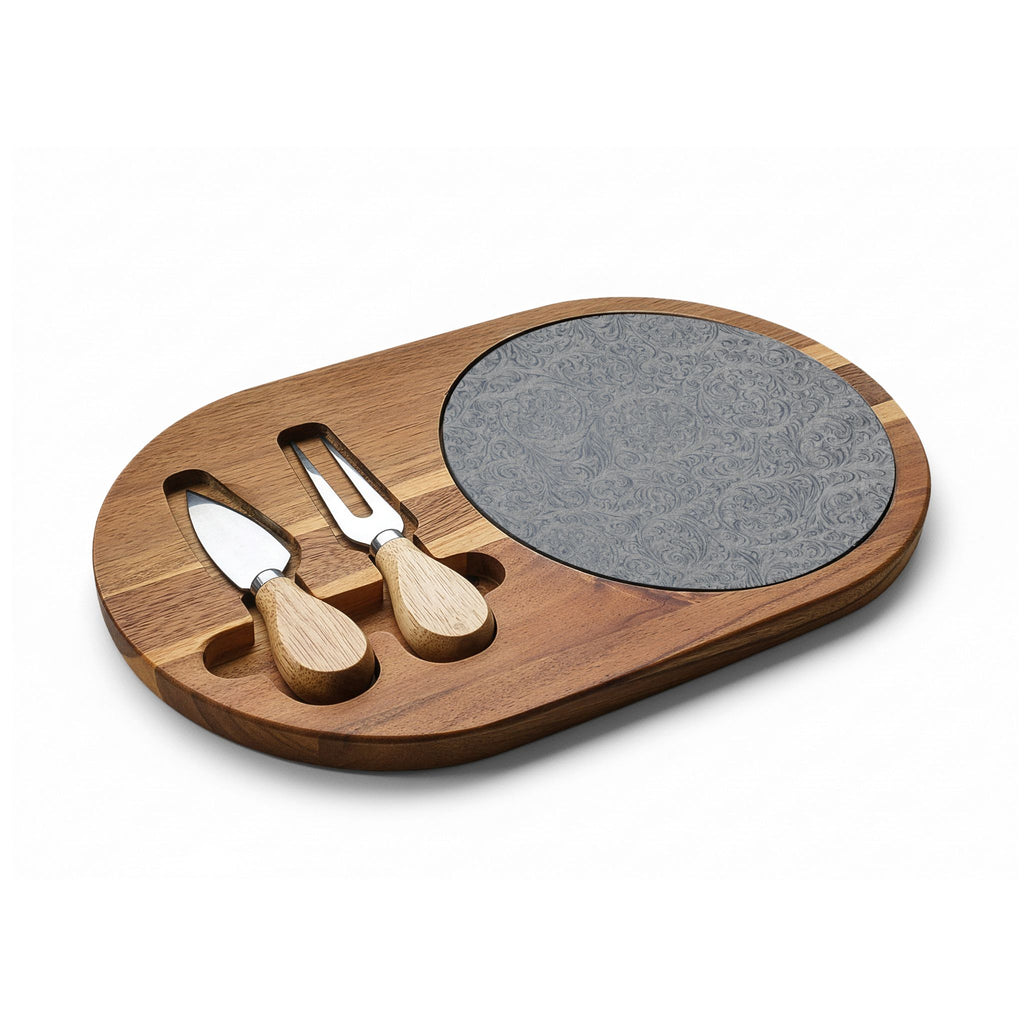 Floral Engraved Acacia Charcuterie Board with Slate Insert & Cheese Knives