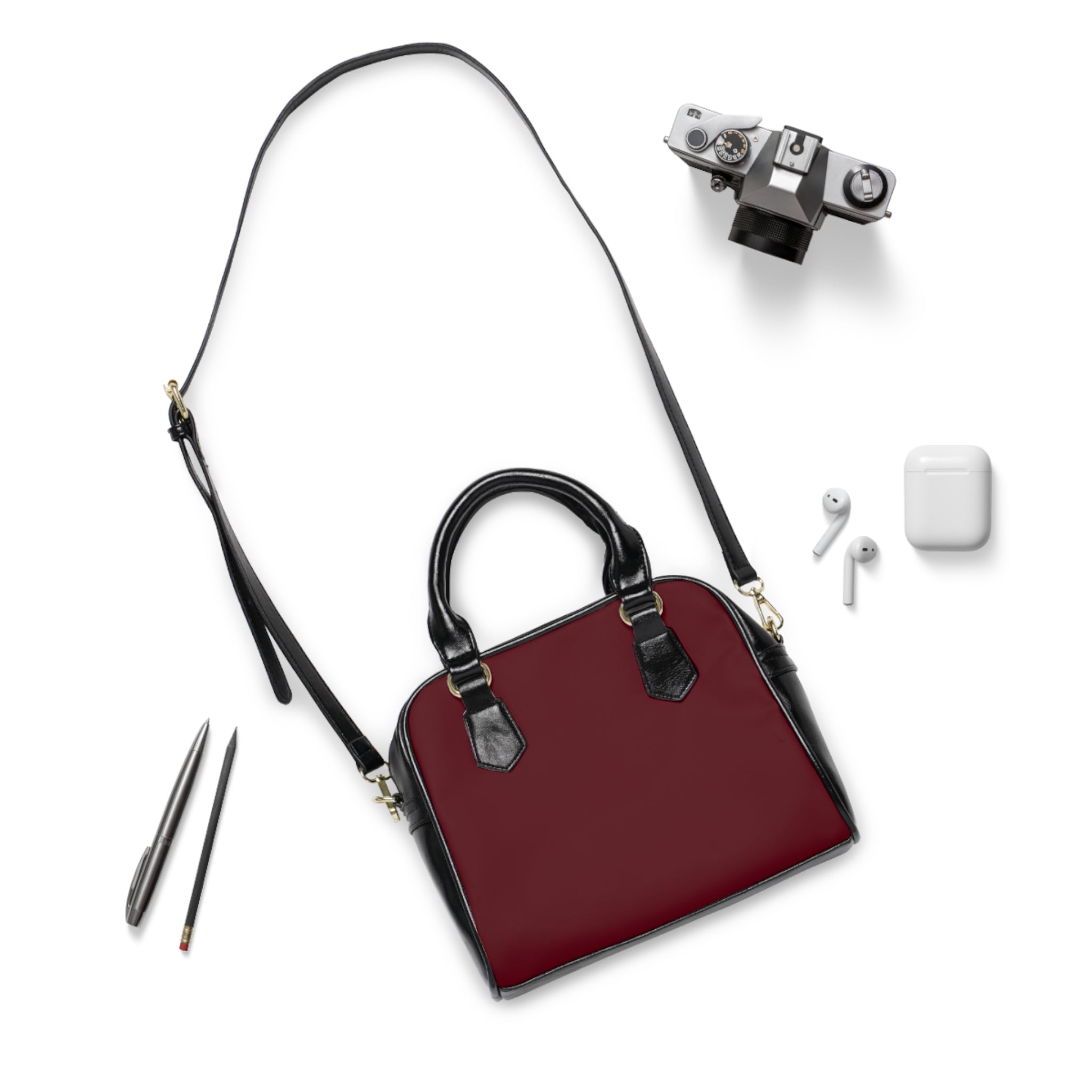 Black Cherry Maroon Leatherette Shoulder Handbag — Elegant Structured Purse for Women