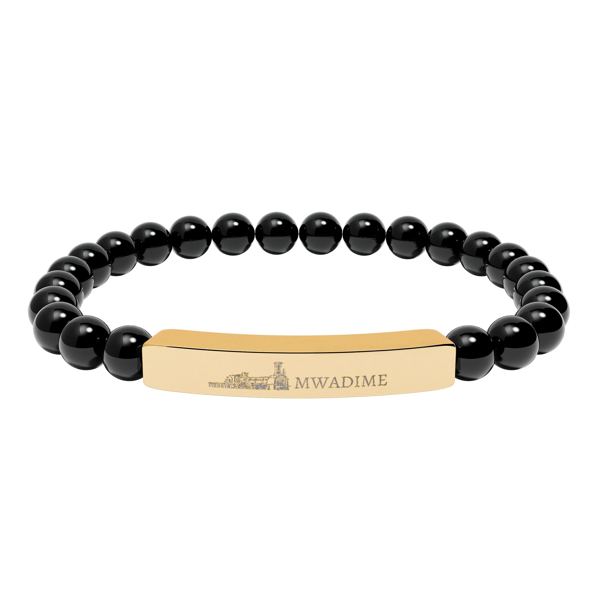 Engraved Natural Stone Bead Bar Bracelet — Personalized Stretch Bracelet