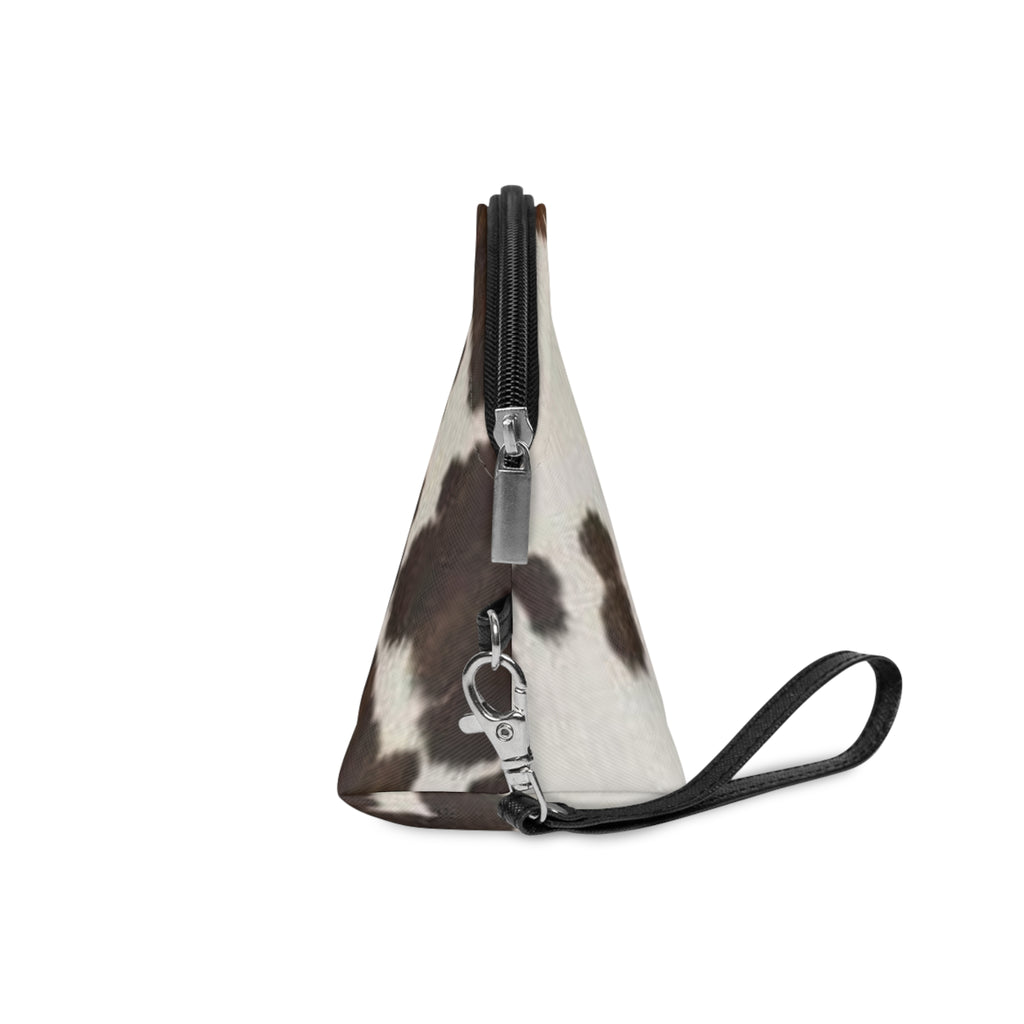 Cowhide Print Makeup Bag — Brown & White Cosmetic Pouch with Wrist Strap