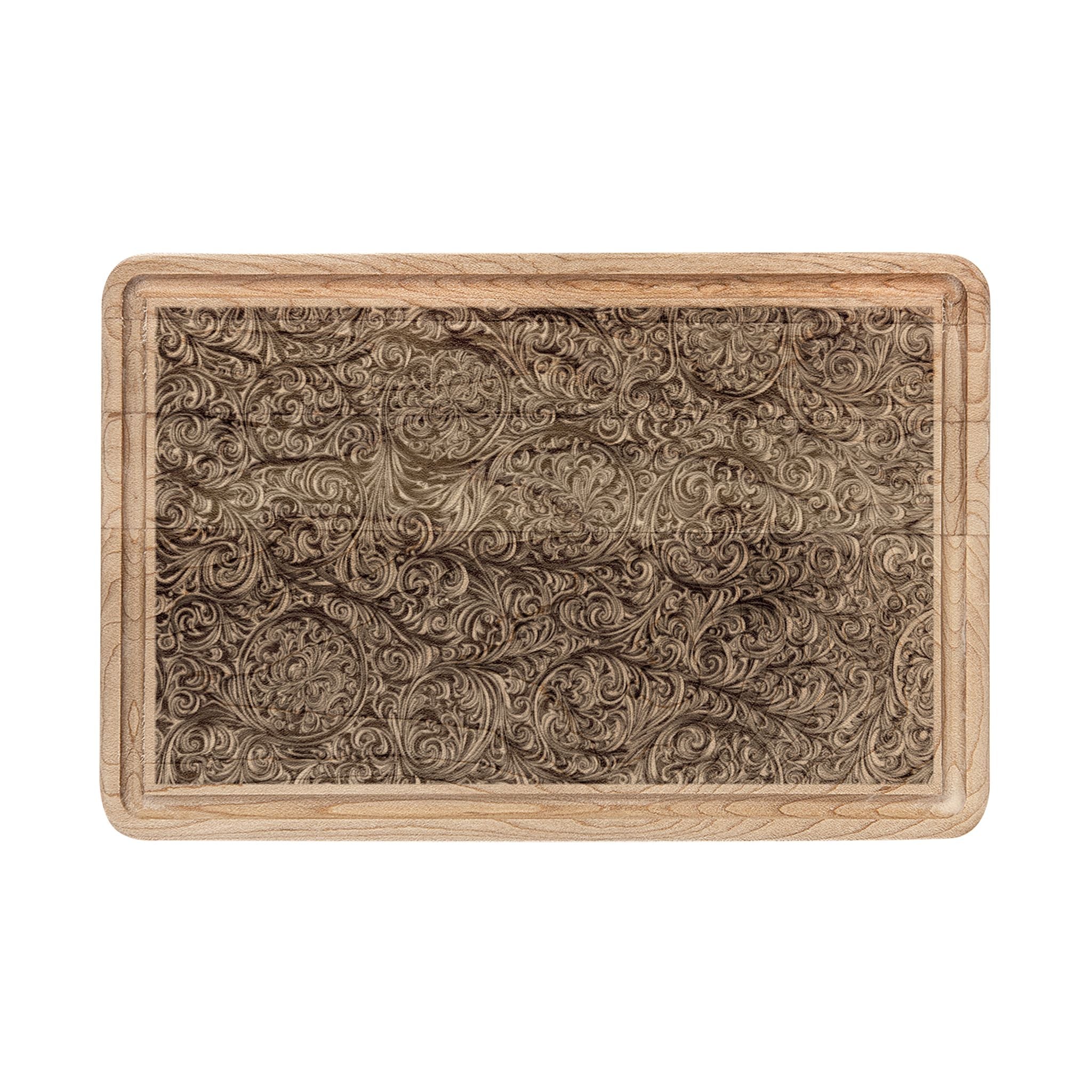 Engraved Floral Scroll Wooden Cutting Board — Decorative Serving & Charcuterie Board