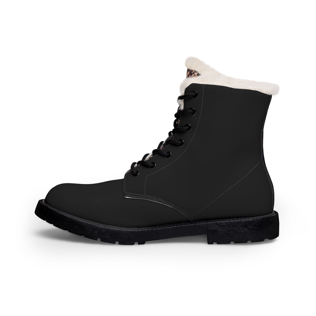 Women's Fur-Lined Leather Combat Boots — Cozy Winter Ankle Boots with Leopard Trim