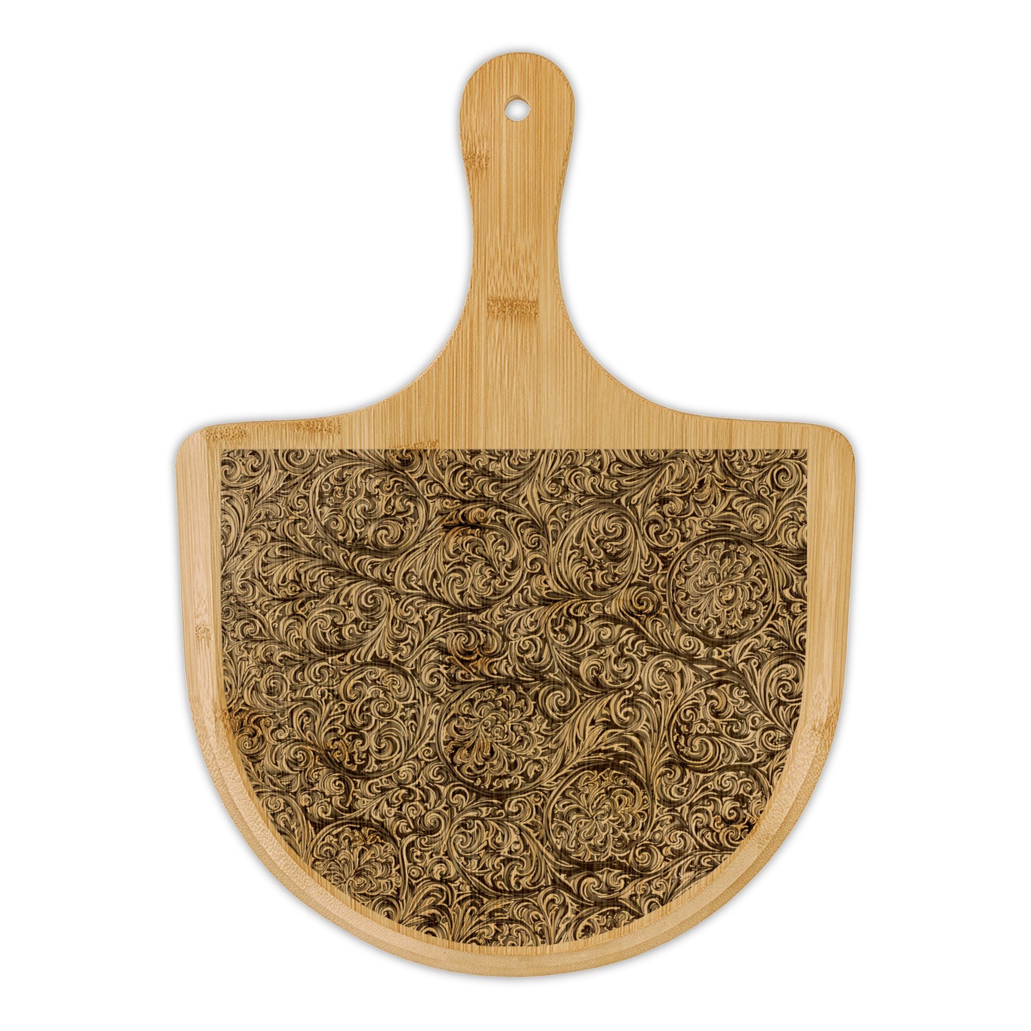 Vintage Floral Engraved Bamboo Pizza Peel — Decorative Floral Carved Serving Board