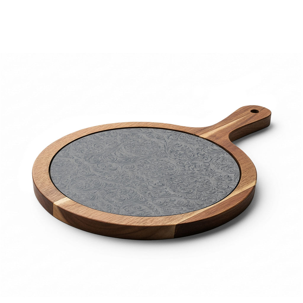 Floral Engraved Acacia Charcuterie Board with Slate Insert & Cheese Knives
