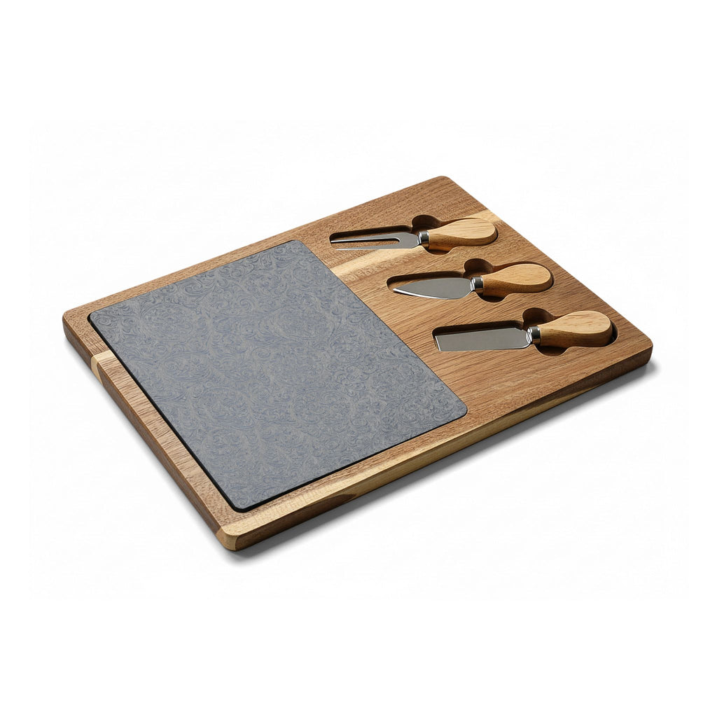Floral Engraved Acacia Charcuterie Board with Slate Insert & Cheese Knives