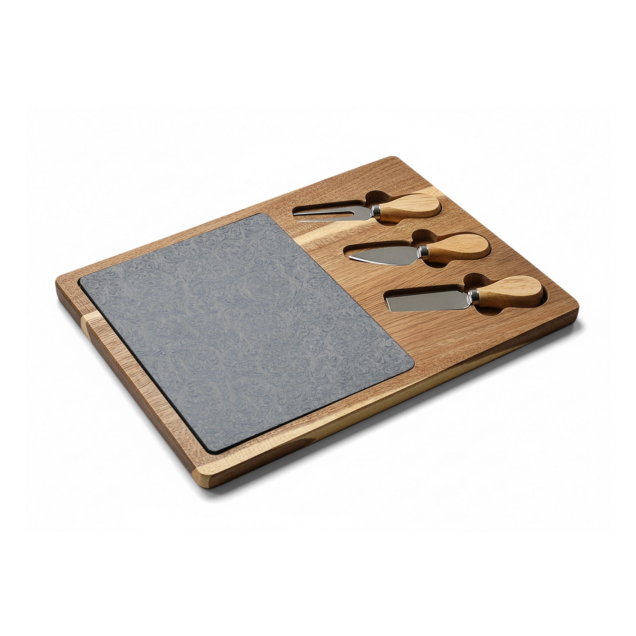 Floral Engraved Acacia Charcuterie Board with Slate Insert & Cheese Knives