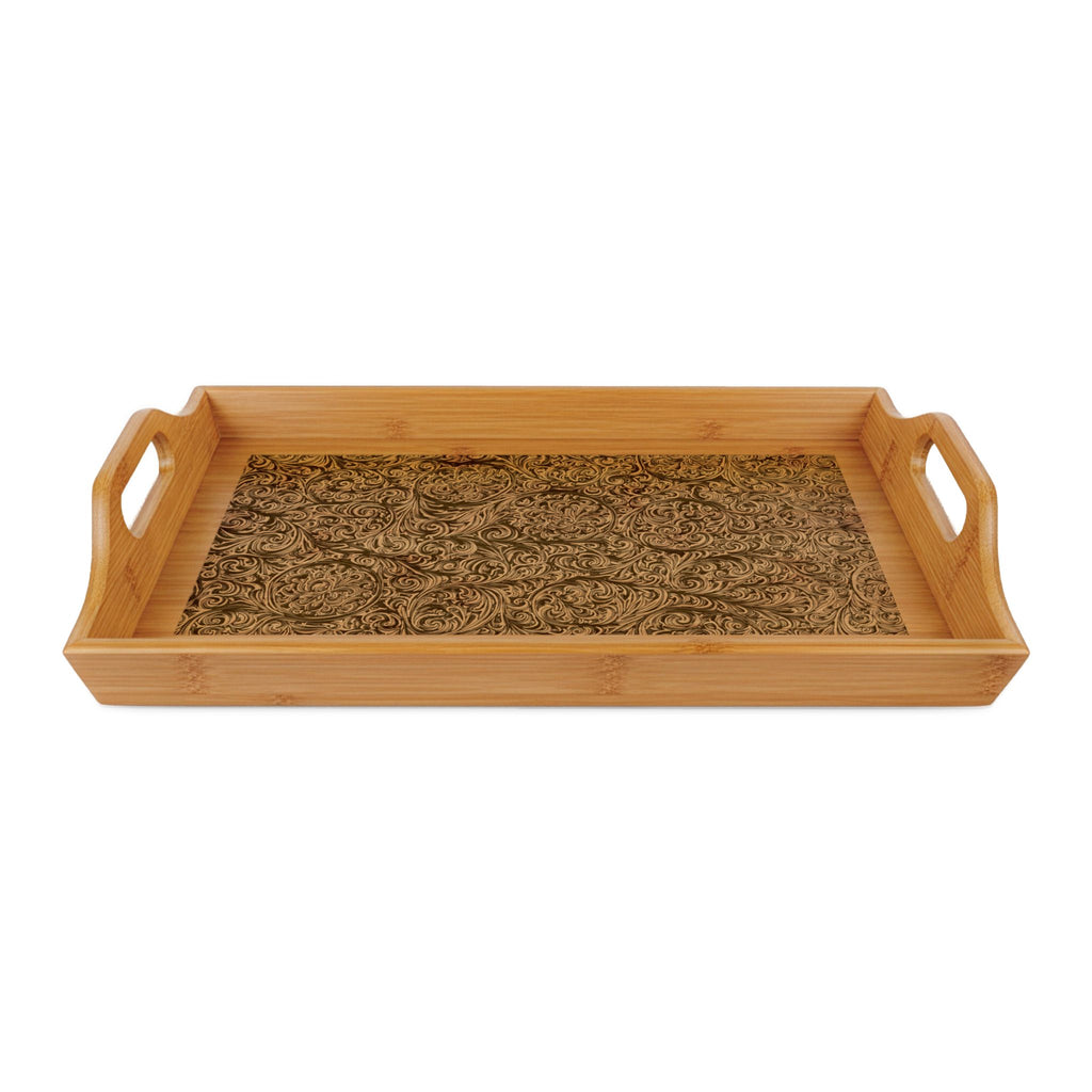 Vintage Floral Engraved Bamboo Serving Tray — Floral Scroll Pattern