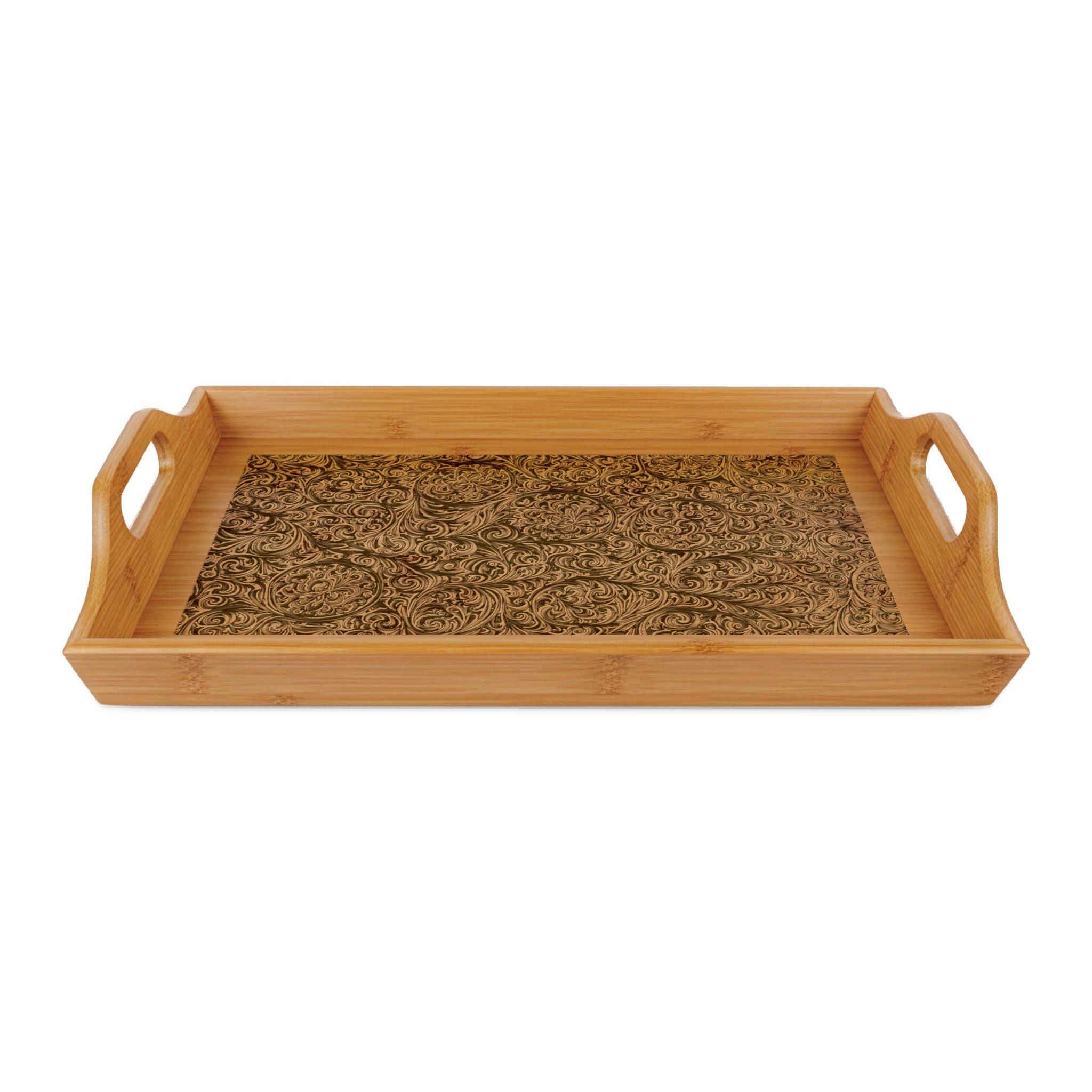 Vintage Floral Engraved Bamboo Serving Tray — Floral Scroll Pattern