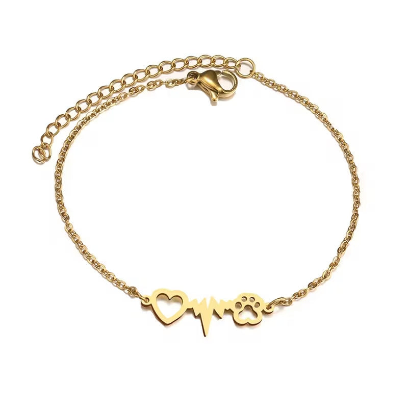 Stainless Steel Heart ECG Cat Paw Pendant Bracelet