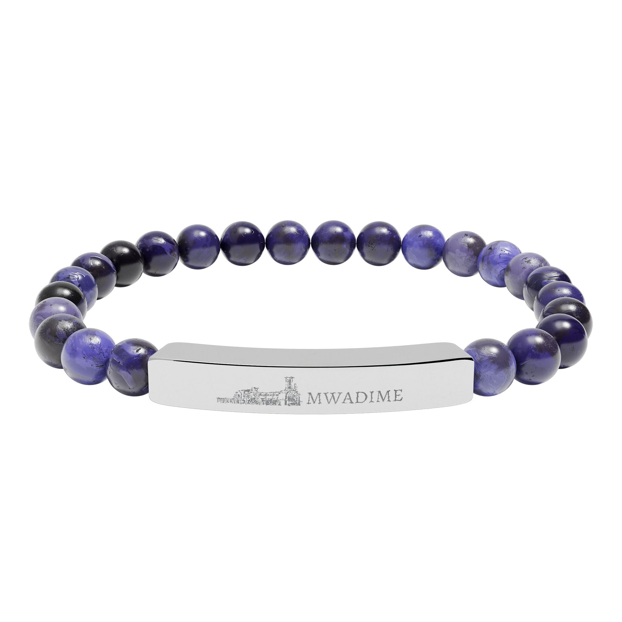 Engraved Natural Stone Bead Bar Bracelet — Personalized Stretch Bracelet