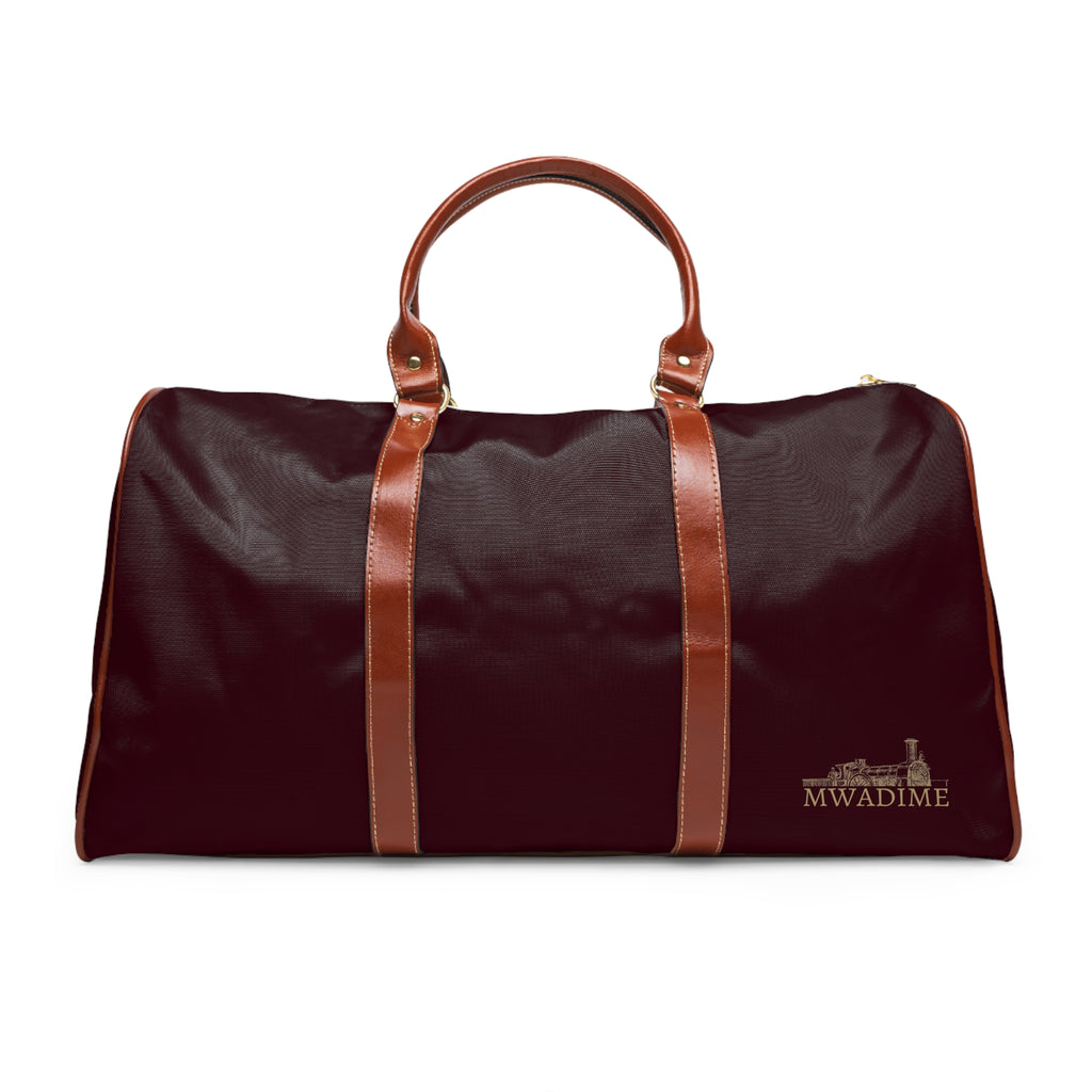 Burgundy Travel Duffel Bag – Waterproof Weekender with Leather Handles (Mwadime Logo)
