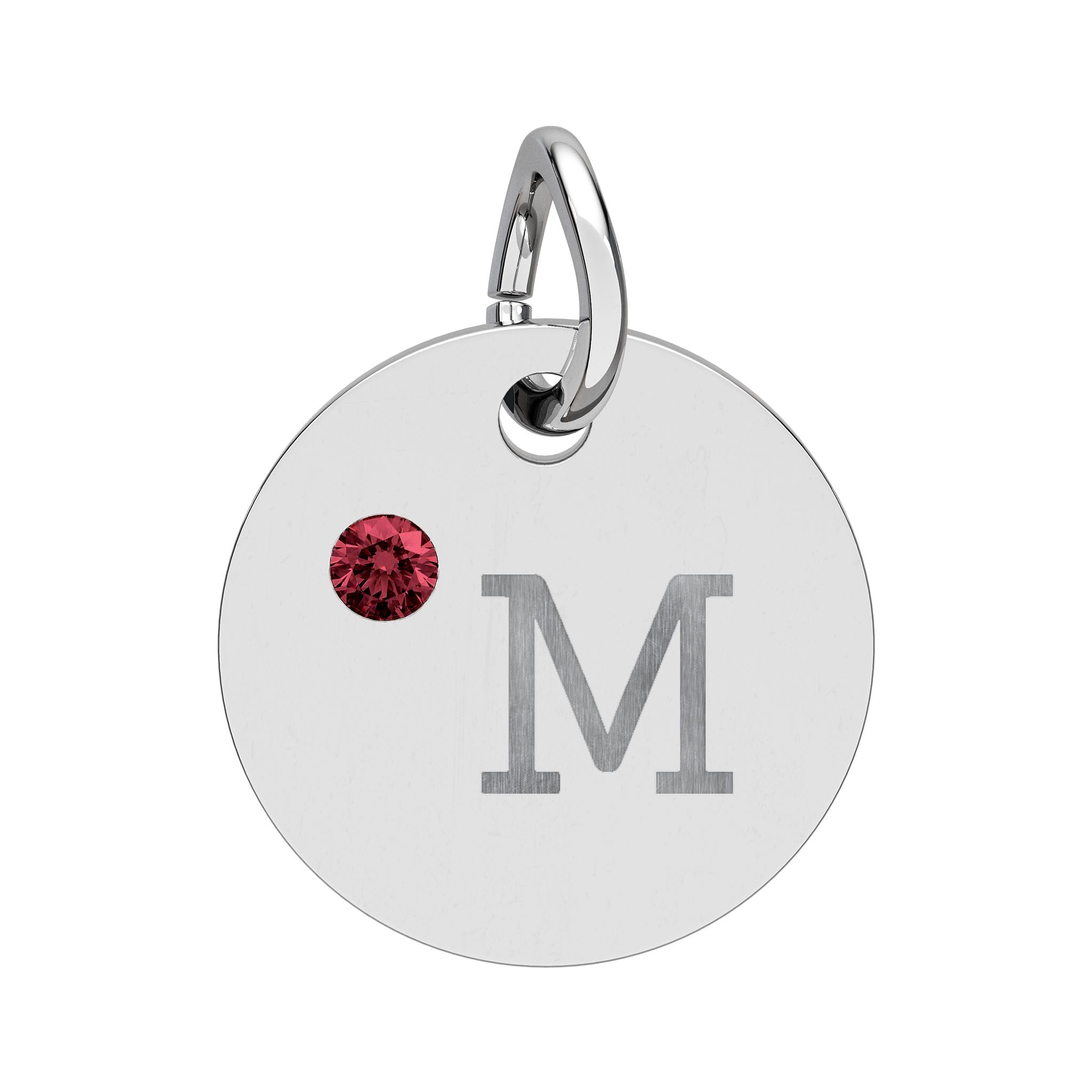 Engraved Birthstone Circle Charm — "M" Pendant