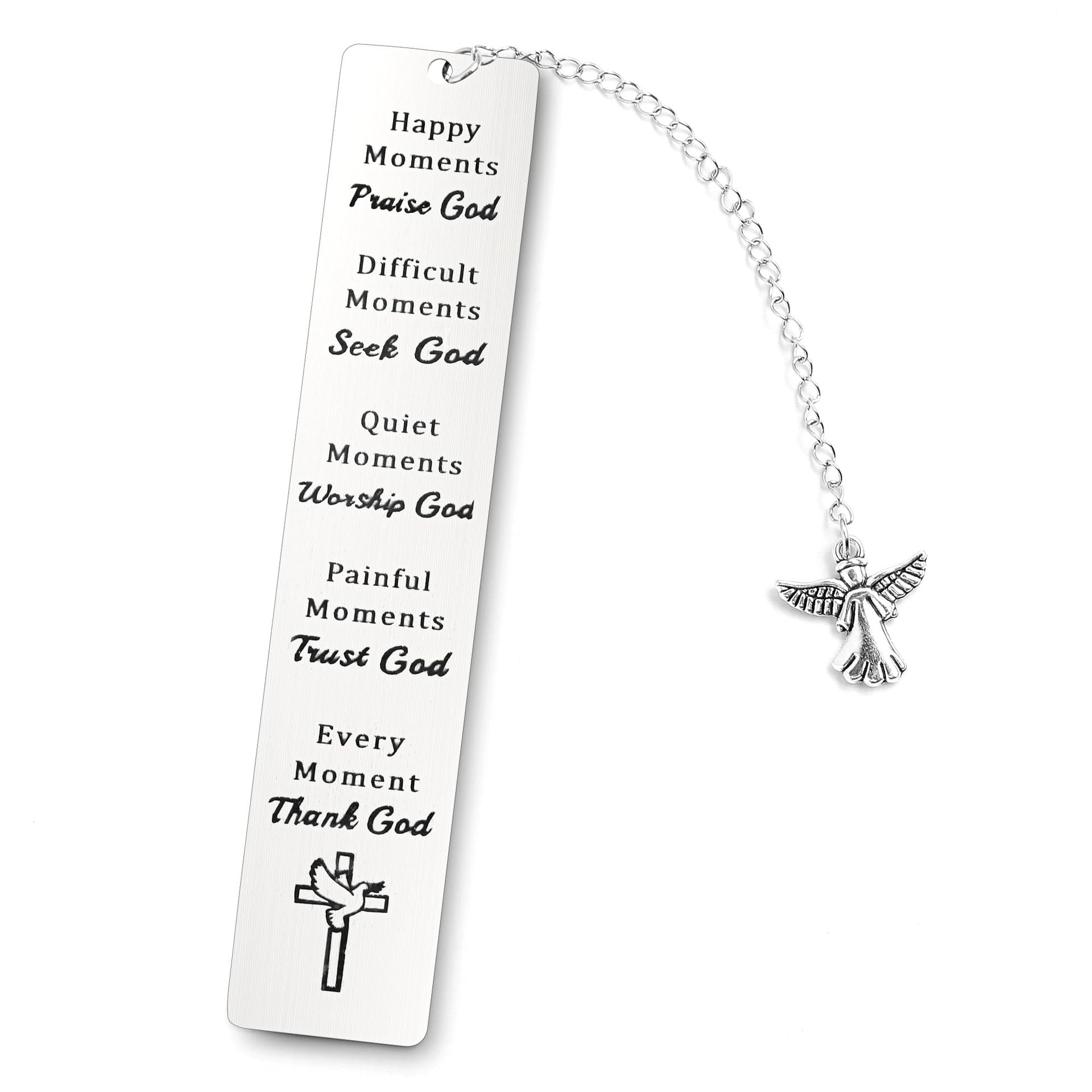 Religious Engraved Stainless Steel Bookmark with Cross Pendant