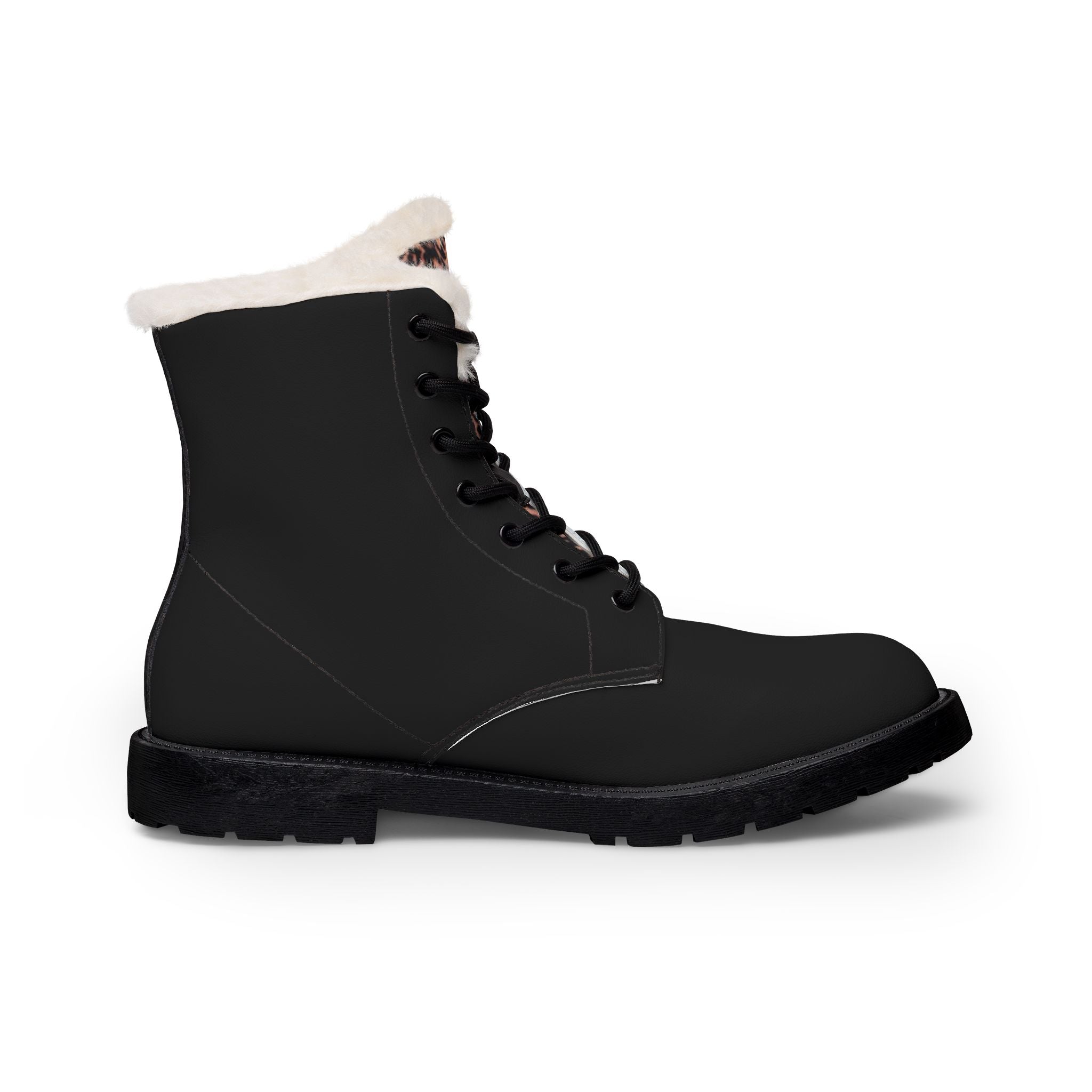 Women's Fur-Lined Leather Combat Boots — Cozy Winter Ankle Boots with Leopard Trim