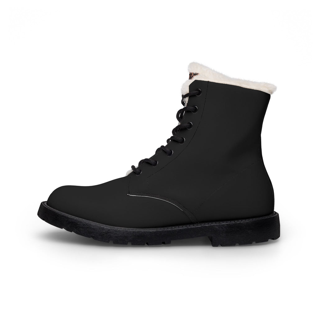 Women's Fur-Lined Leather Combat Boots — Cozy Winter Ankle Boots with Leopard Trim