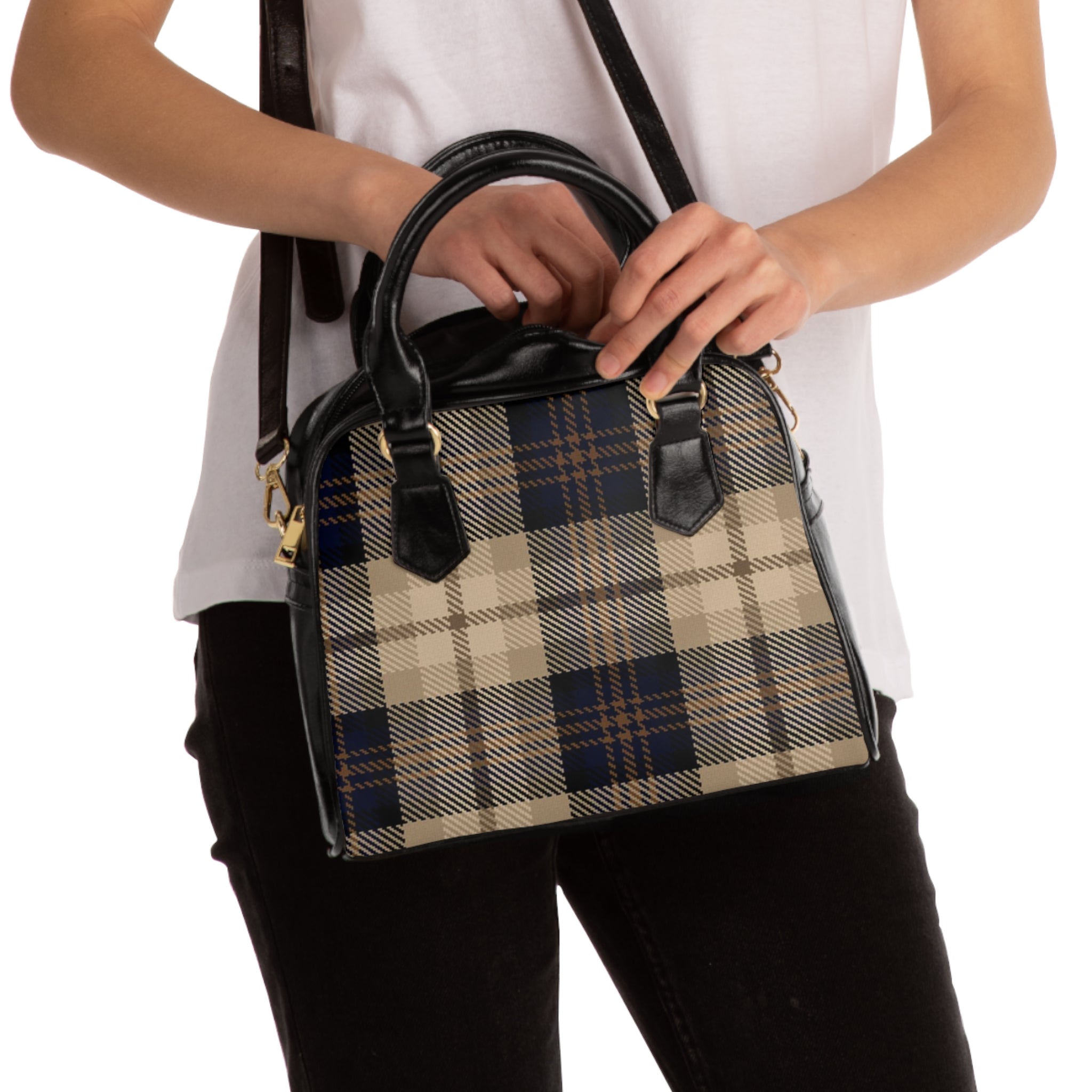 Plaid Shoulder Handbag — Classic Beige & Navy Tote Purse