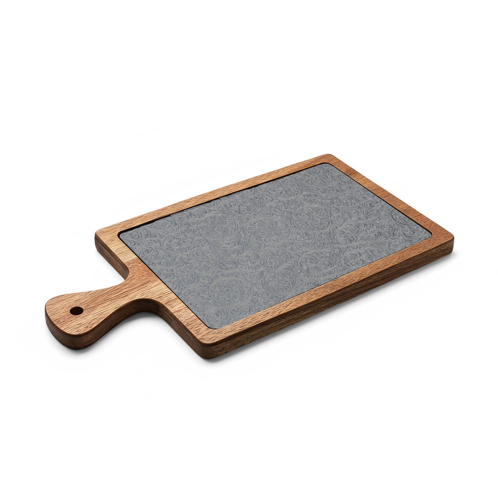 Floral Engraved Acacia Charcuterie Board with Slate Insert & Cheese Knives