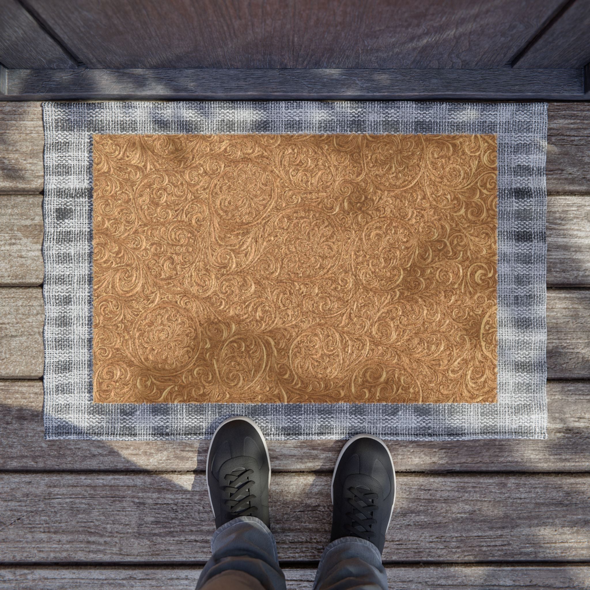 Floral Coir Scrollwork Doormat — Durable Natural-Fiber Welcome Mat