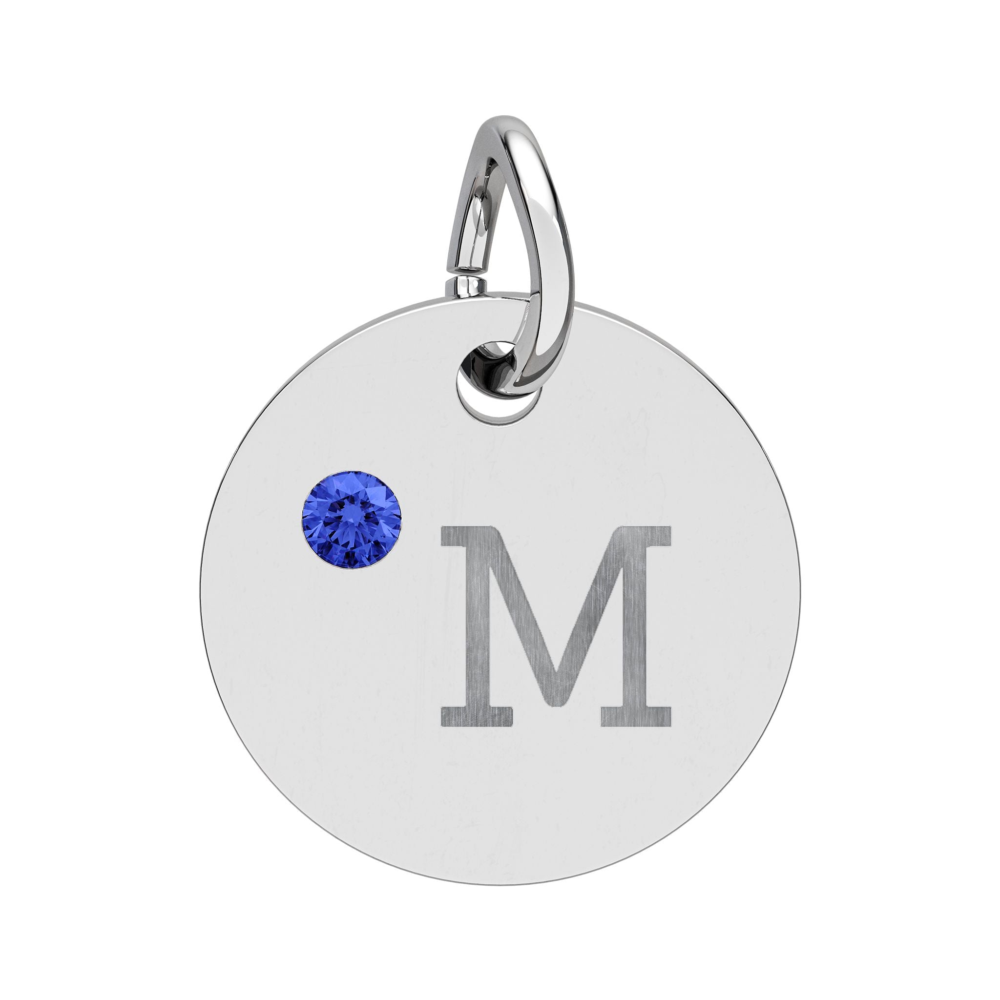 Engraved Birthstone Circle Charm — "M" Pendant