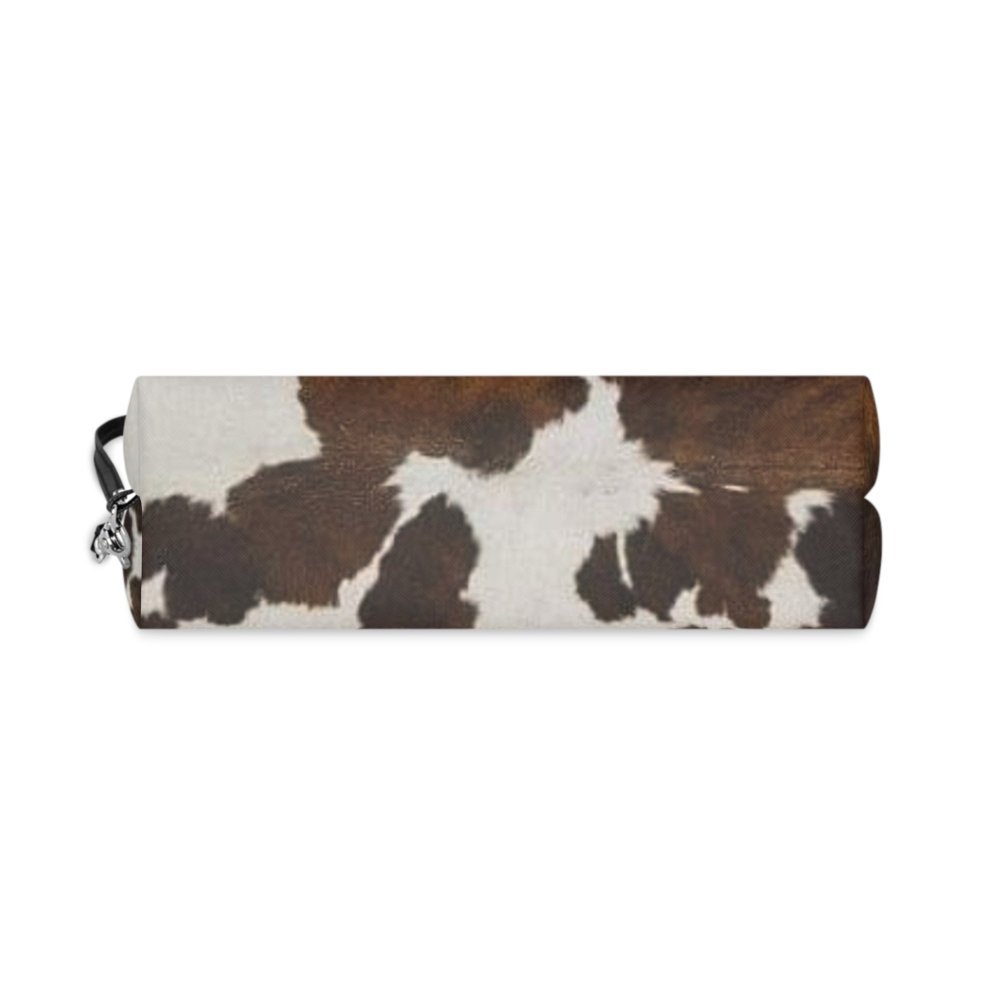 Cowhide Print Makeup Bag — Brown & White Cosmetic Pouch with Wrist Strap