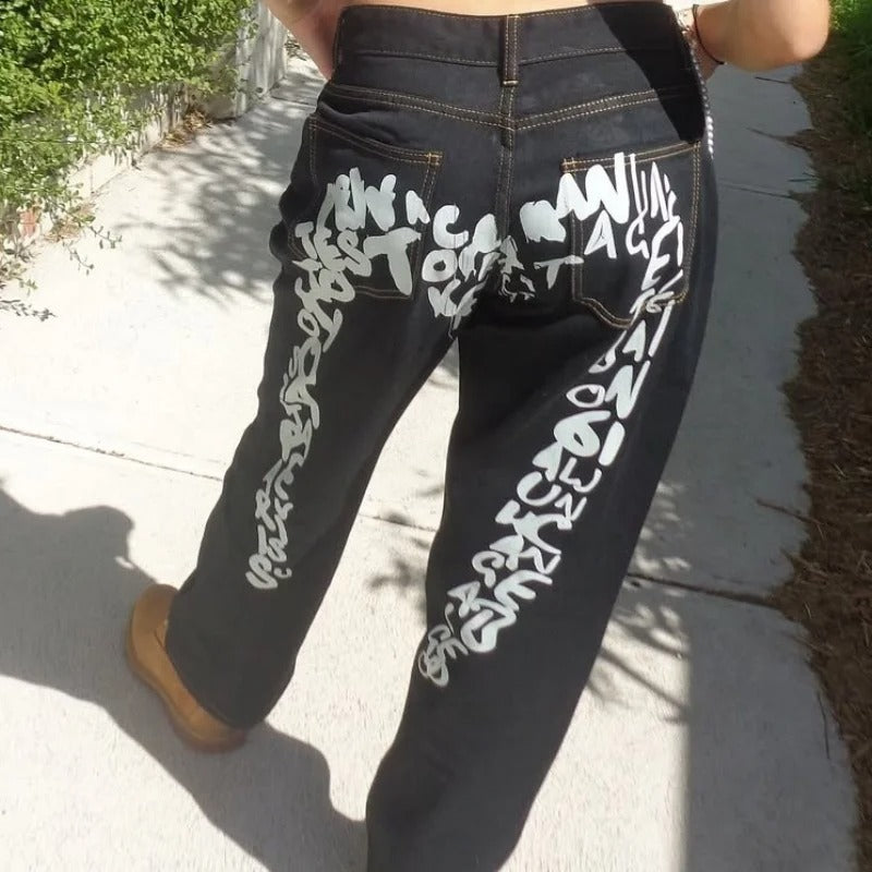 Letter Print Loose Straight-Leg Pants