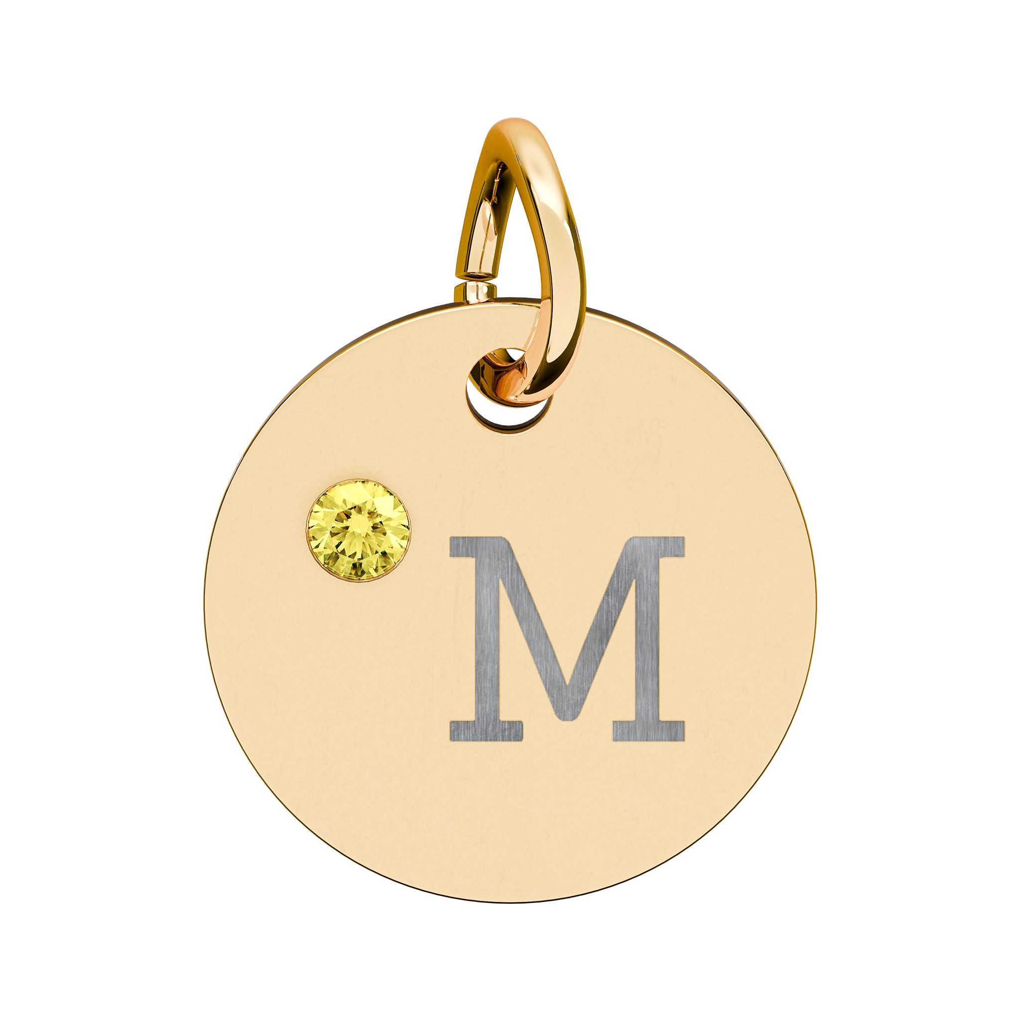 Engraved Birthstone Circle Charm — "M" Pendant