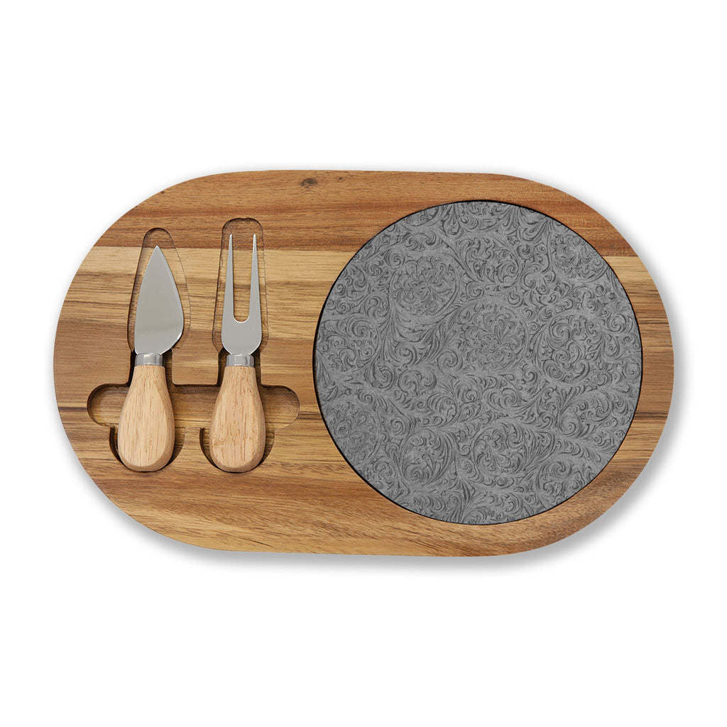 Floral Engraved Acacia Charcuterie Board with Slate Insert & Cheese Knives