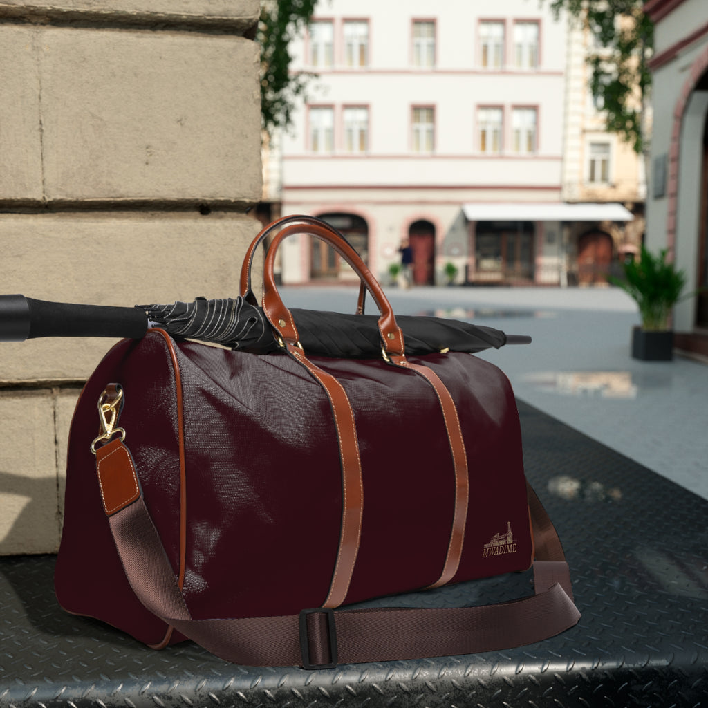 Burgundy Travel Duffel Bag – Waterproof Weekender with Leather Handles (Mwadime Logo)