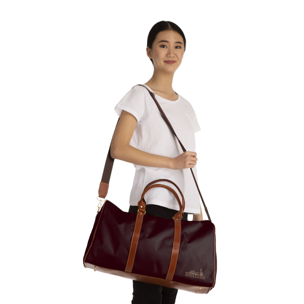 Burgundy Travel Duffel Bag – Waterproof Weekender with Leather Handles (Mwadime Logo)