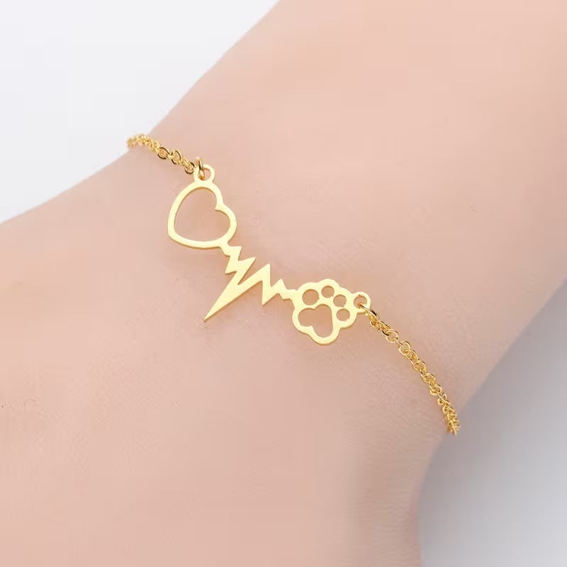 Stainless Steel Heart ECG Cat Paw Pendant Bracelet