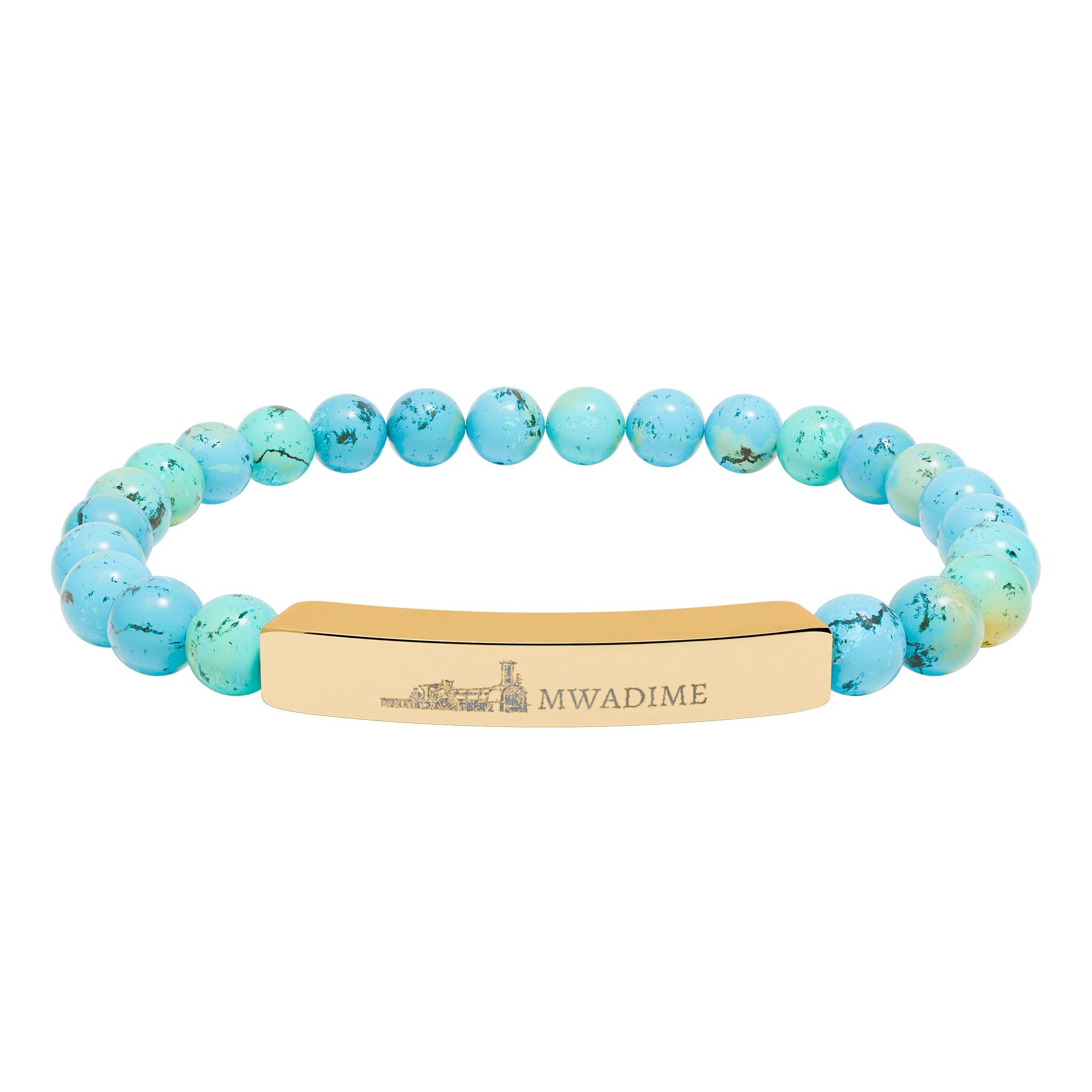 Engraved Natural Stone Bead Bar Bracelet — Personalized Stretch Bracelet