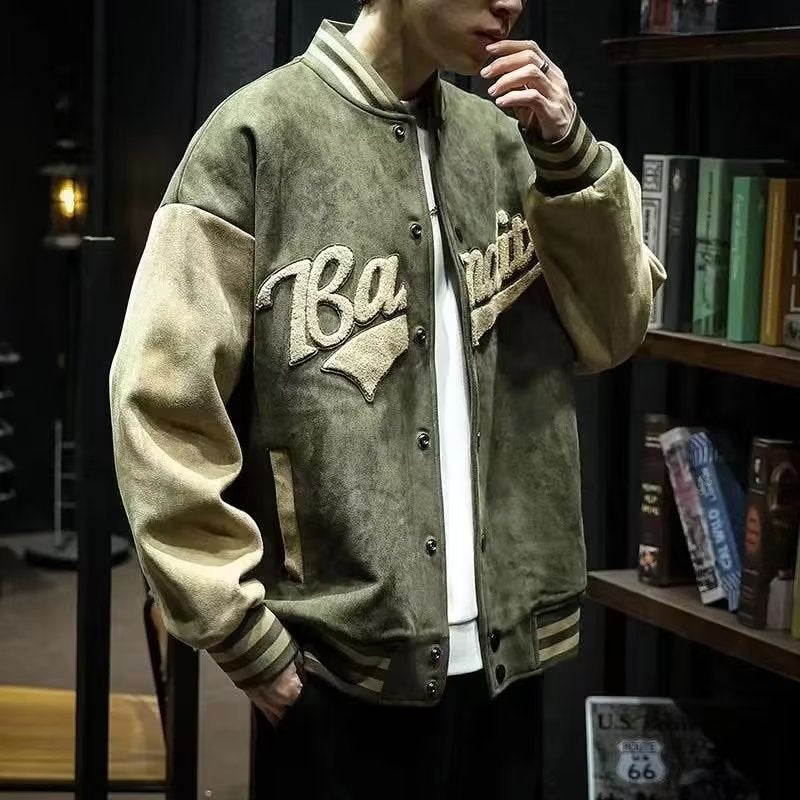 Leather suede baseball jersey