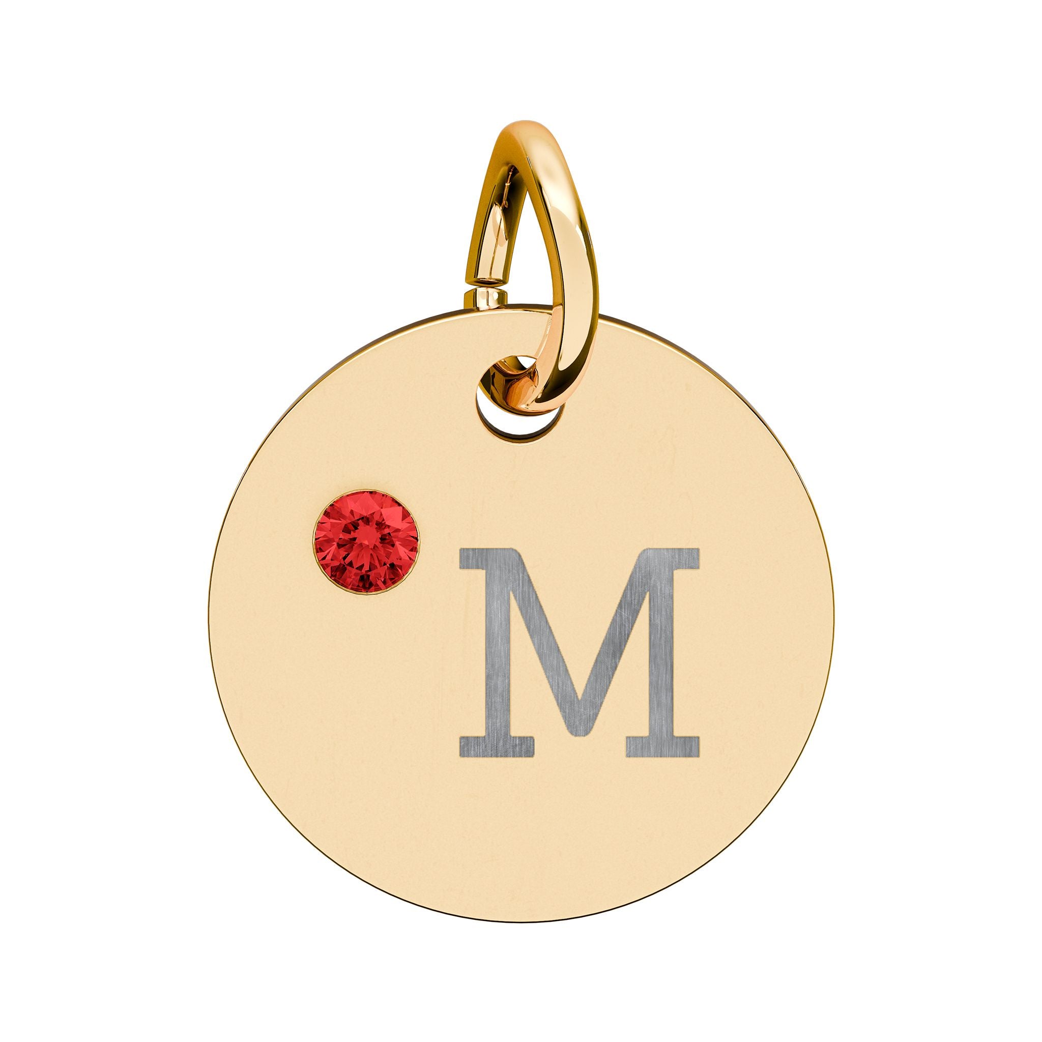 Engraved Birthstone Circle Charm — "M" Pendant