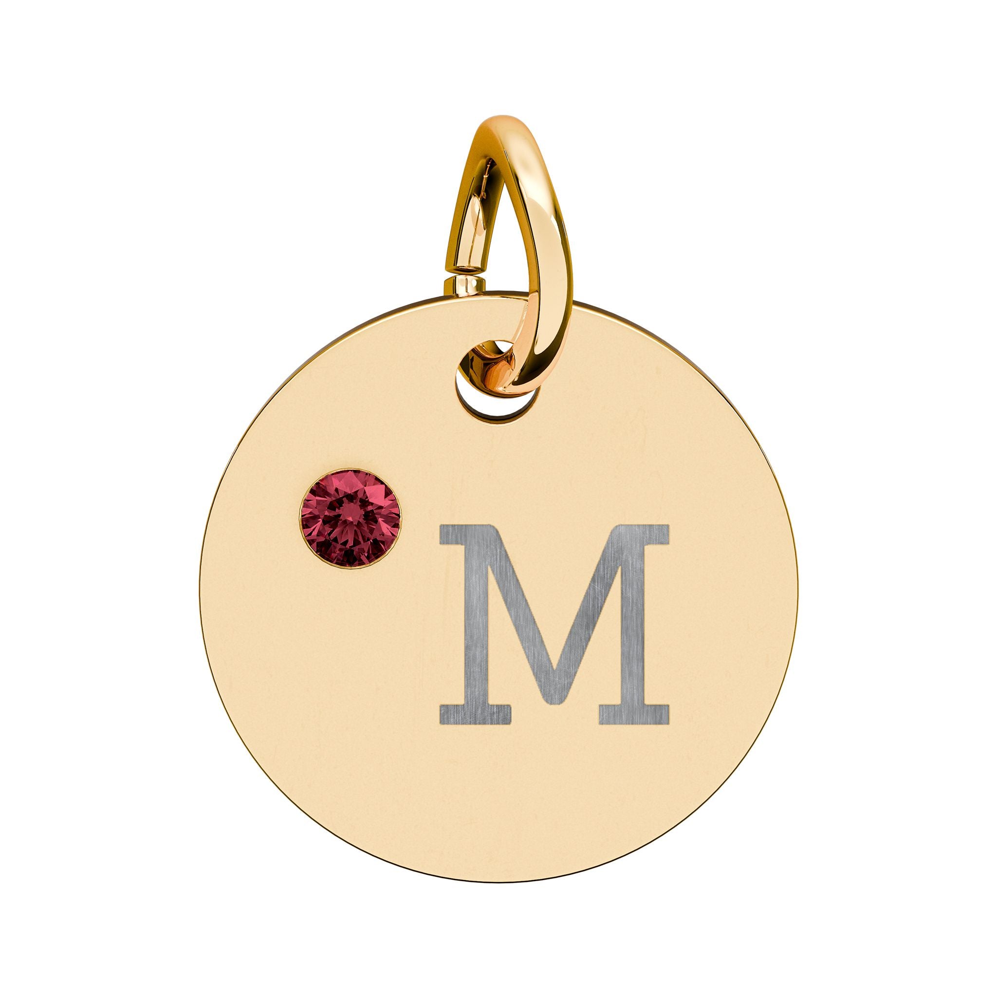 Engraved Birthstone Circle Charm — "M" Pendant